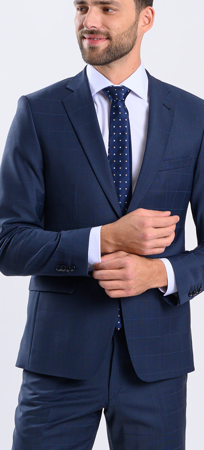 Navy blue checked slim fit suit