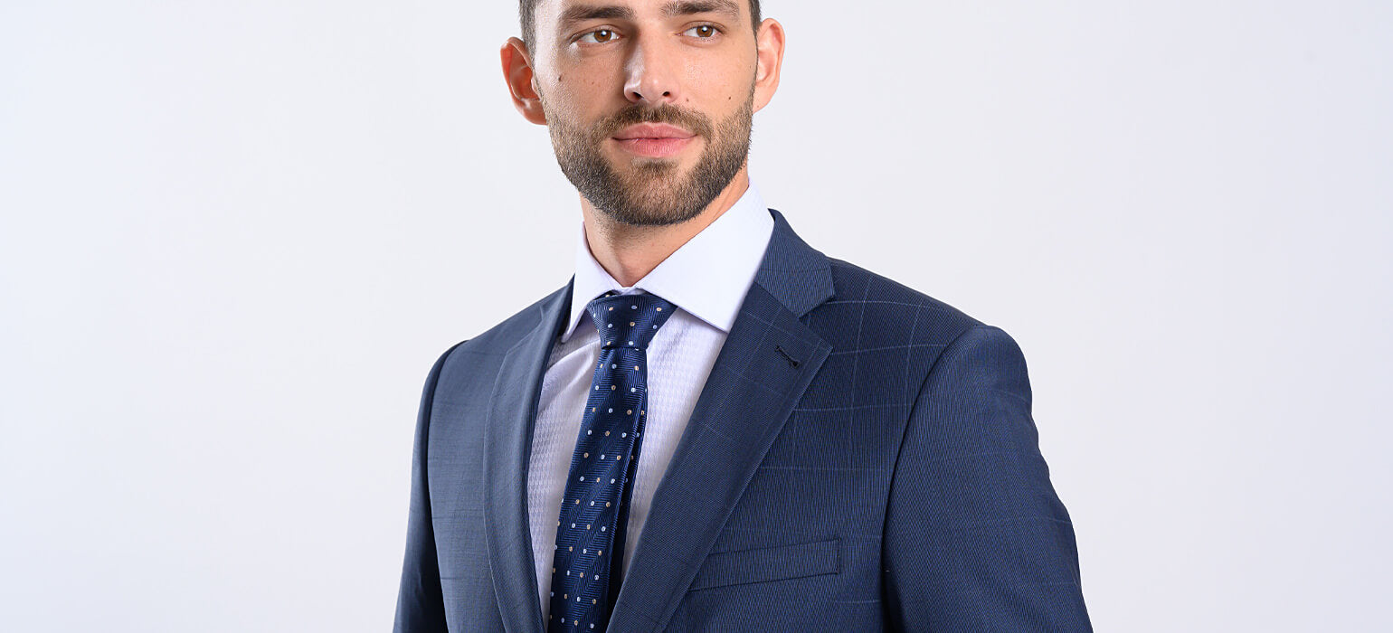 Navy blue checked slim fit suit