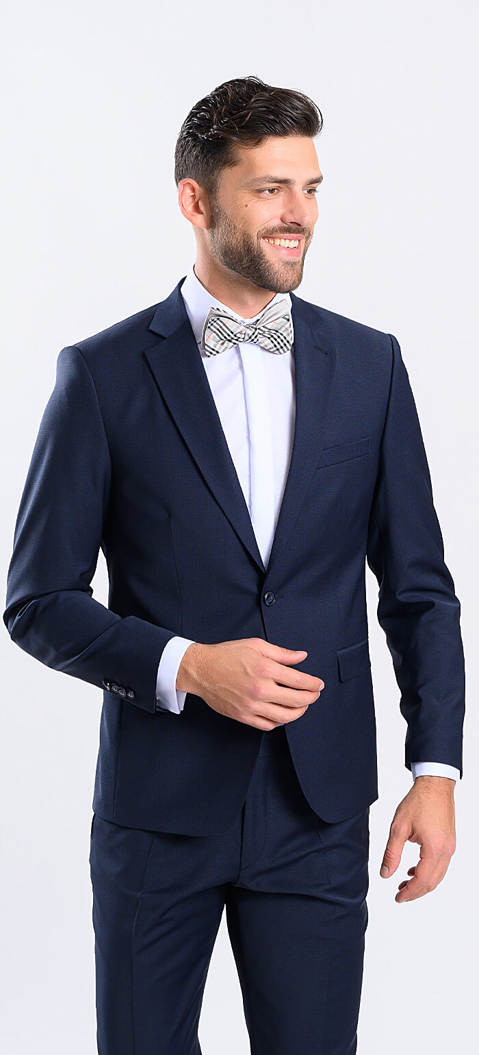 Navy blue slim fit suit with small check, size XL