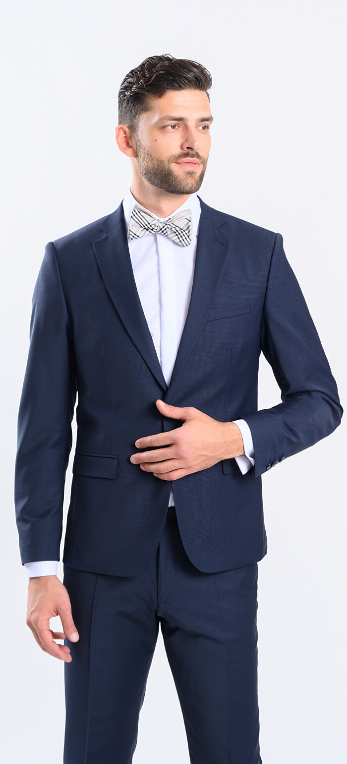 Navy blue slim fit suit with small check, size XL