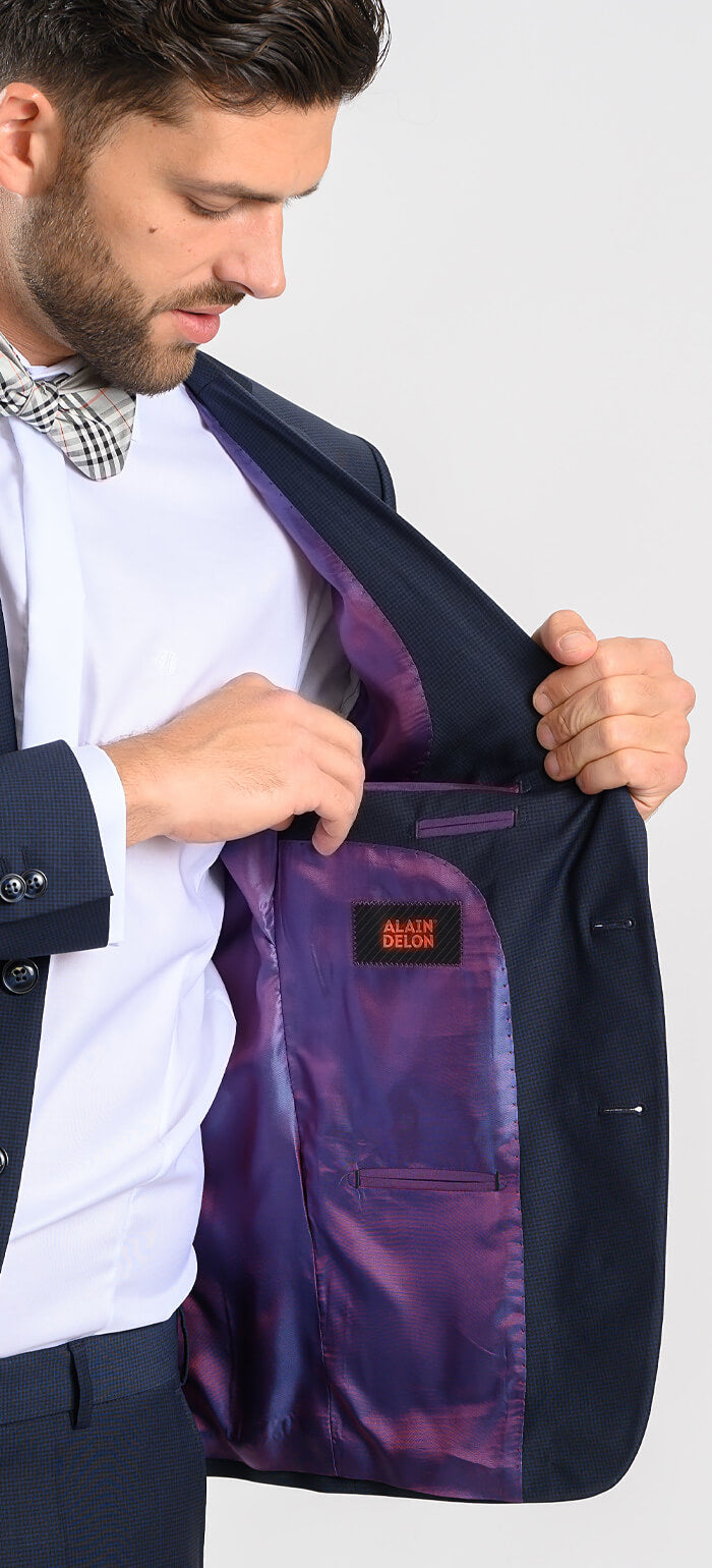 Navy blue slim fit suit with small check, size XL