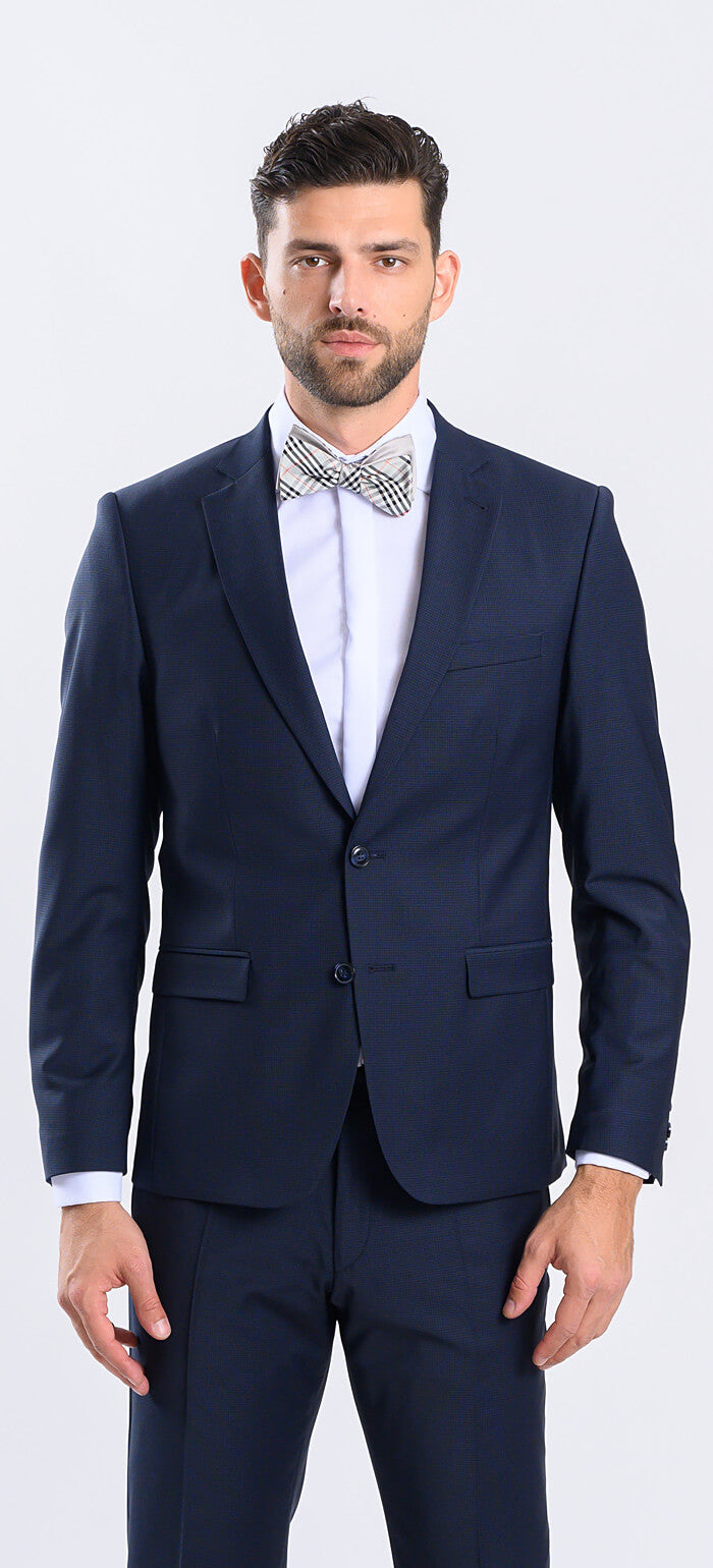 Navy blue slim fit suit with small check pattern
