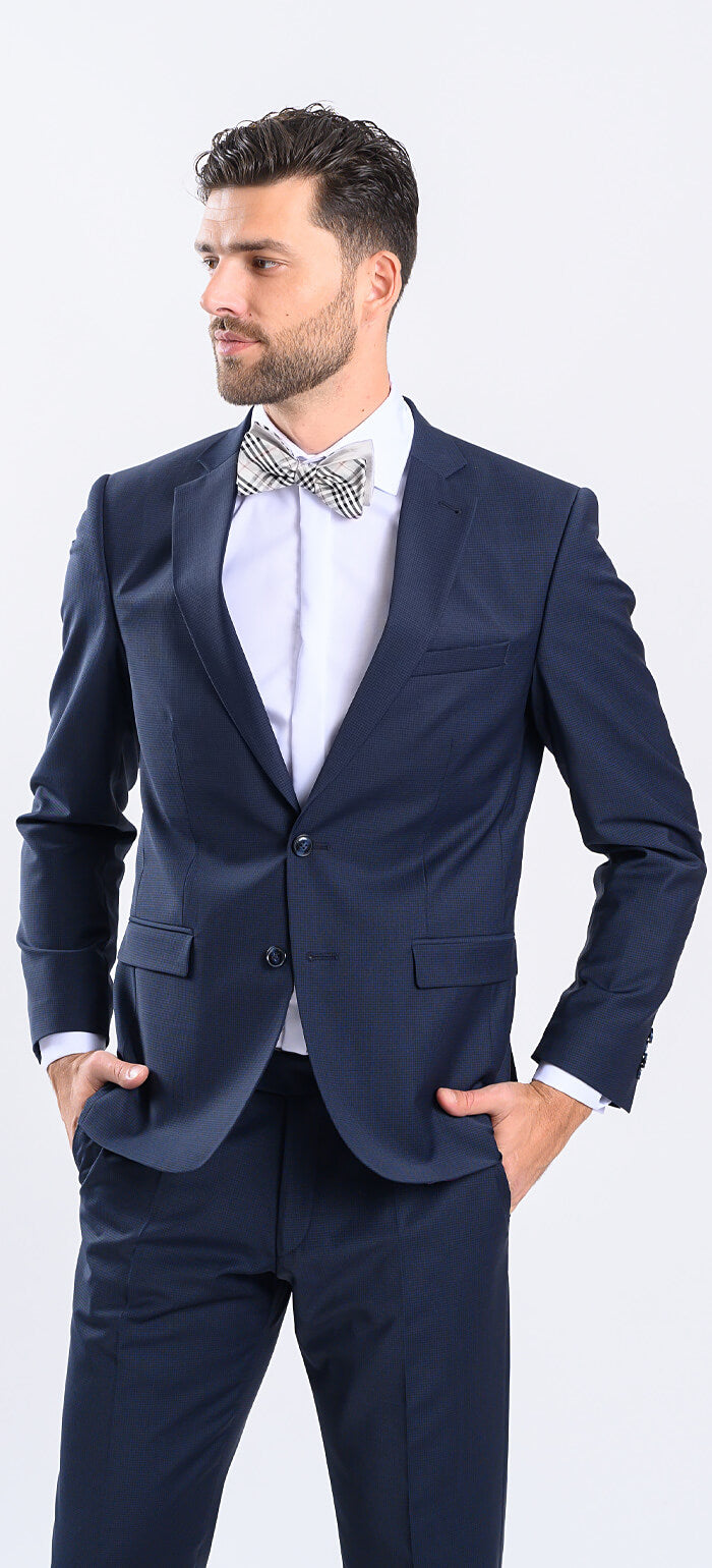 Navy blue slim fit suit with small check pattern