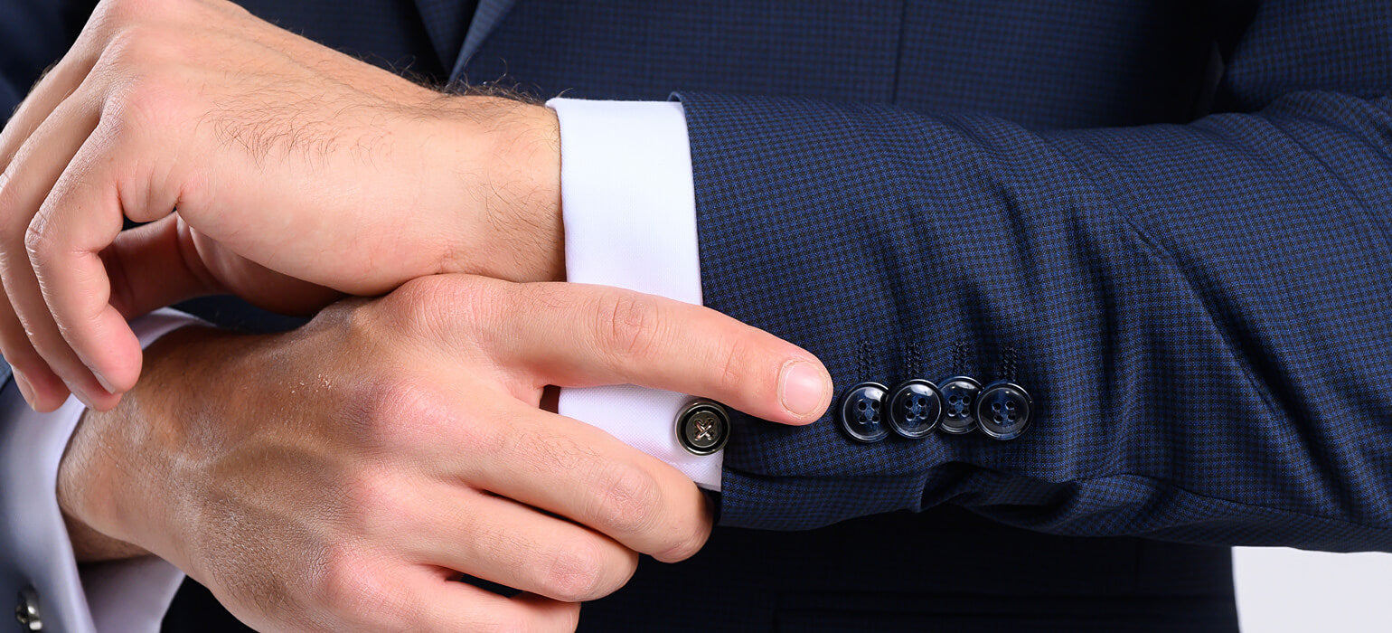 Navy blue slim fit suit with small check pattern