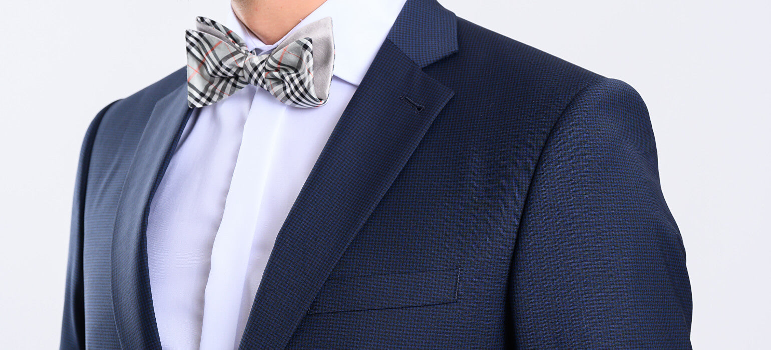 Navy blue slim fit suit with small check pattern