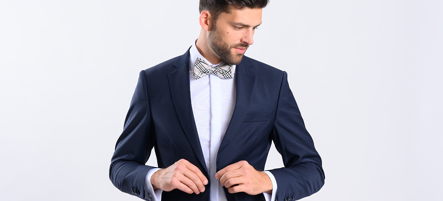 Navy blue slim fit suit with small check pattern