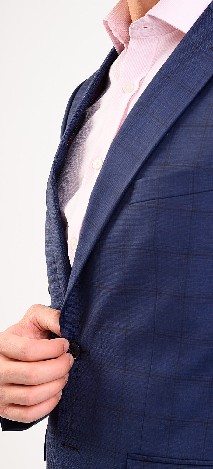 Navy blue wool slim fit suit with black check