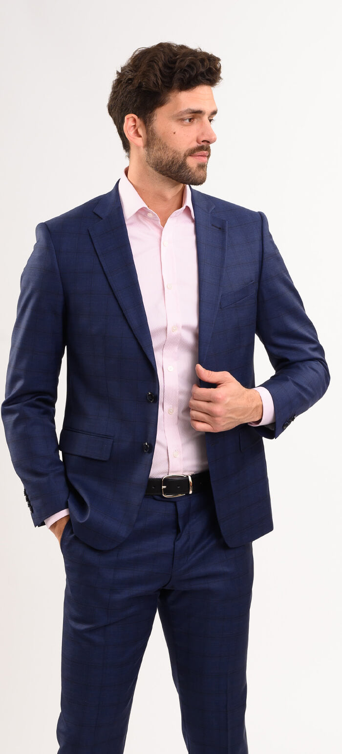 Navy blue wool slim fit suit with black check