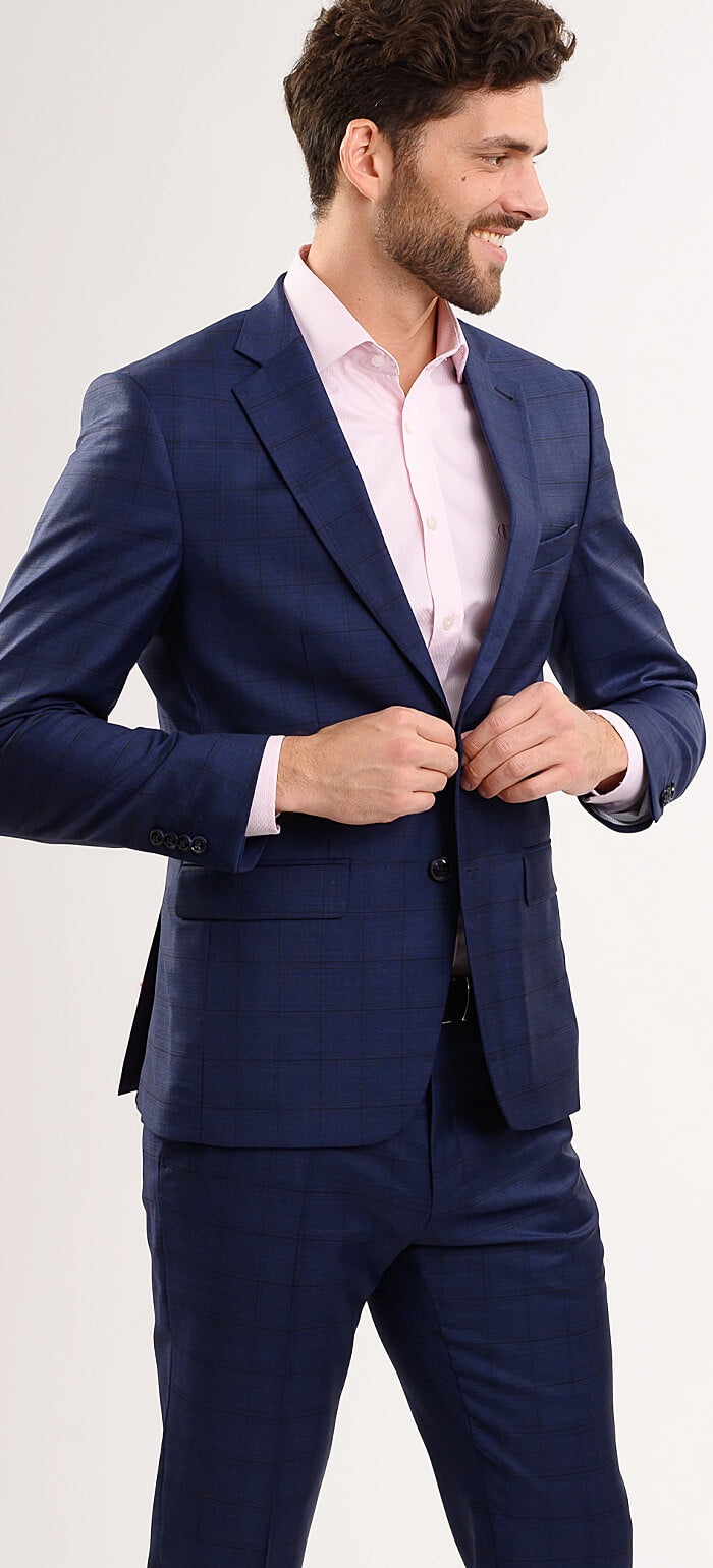 Navy blue wool slim fit suit with black check