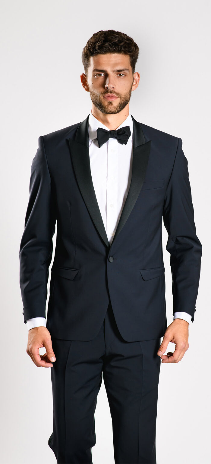 Navy blue wool tuxedo with peak lapel