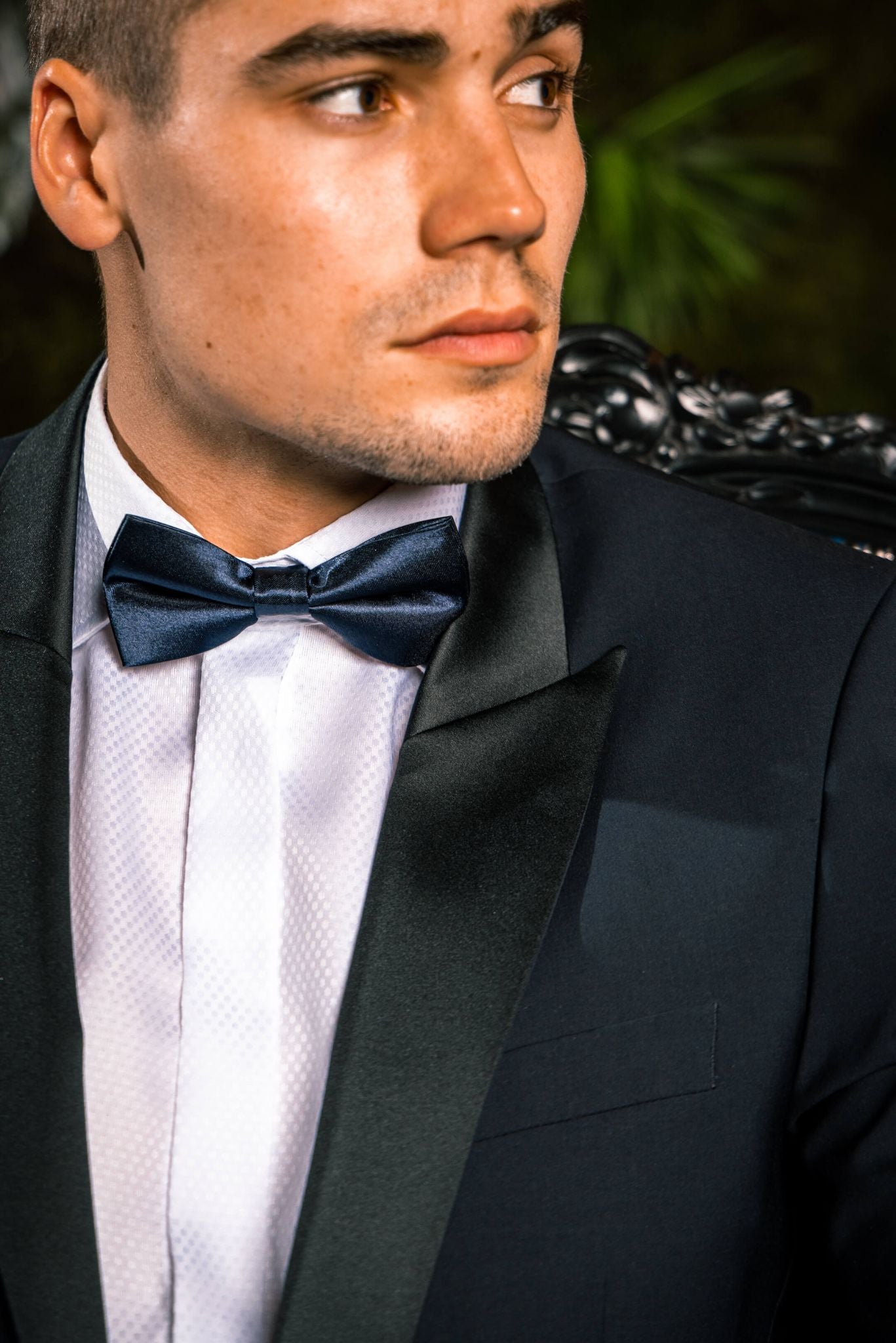 Navy blue wool tuxedo with peak lapel