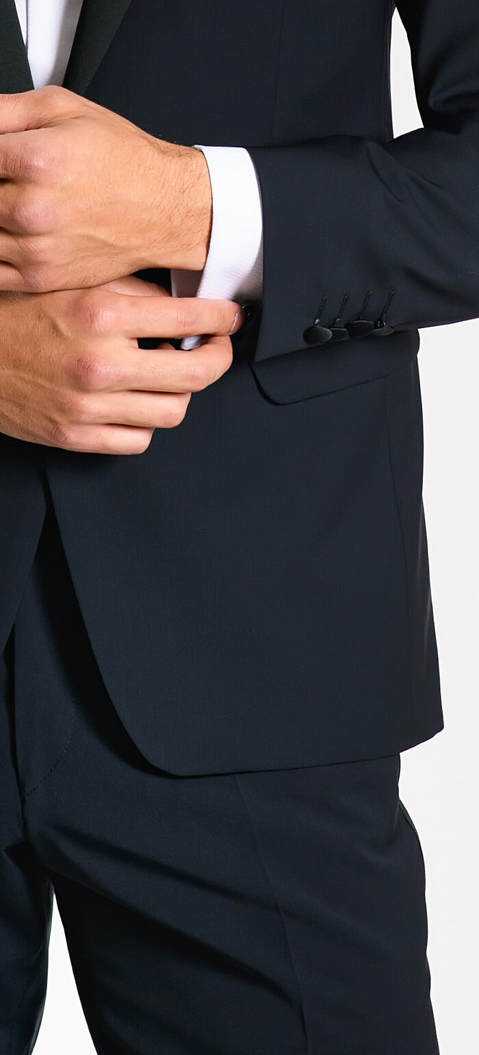 Navy blue wool tuxedo with peak lapel