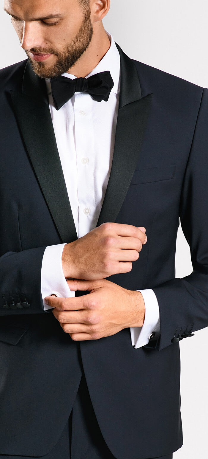 Navy blue wool tuxedo with peak lapel