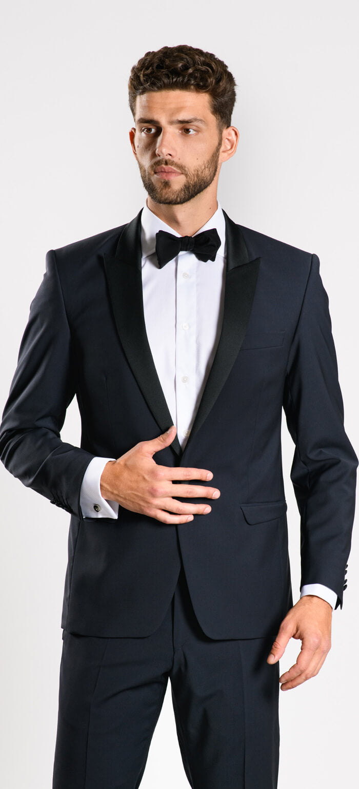 Navy blue wool tuxedo with peak lapel