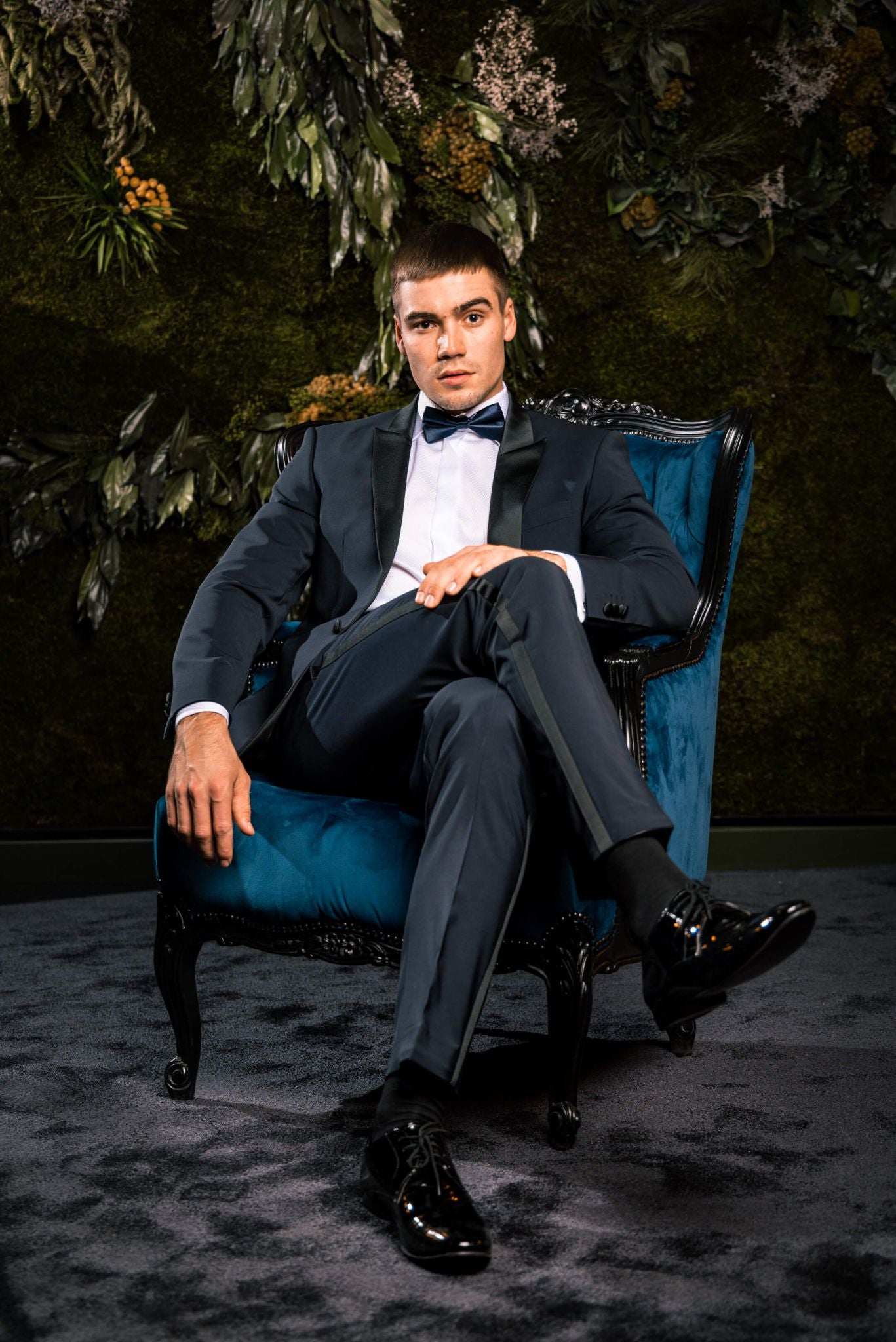 Navy blue wool tuxedo with peak lapel