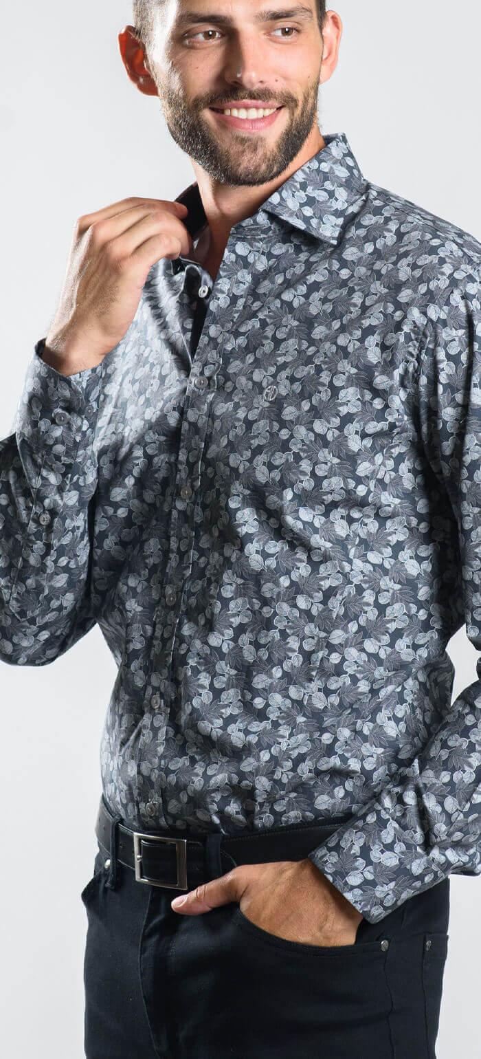 Dark grey slim fit shirt with a bold pattern