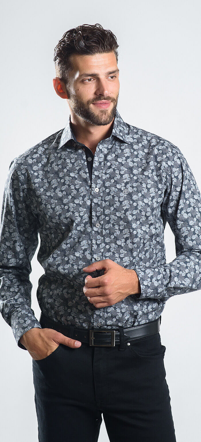 Dark grey slim fit shirt with a bold pattern