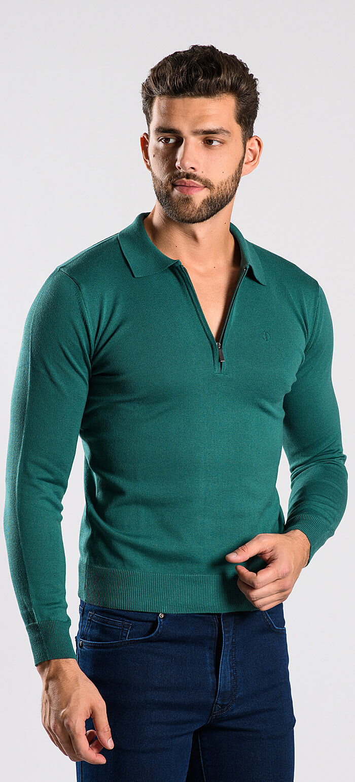 Green long-sleeved polo shirt