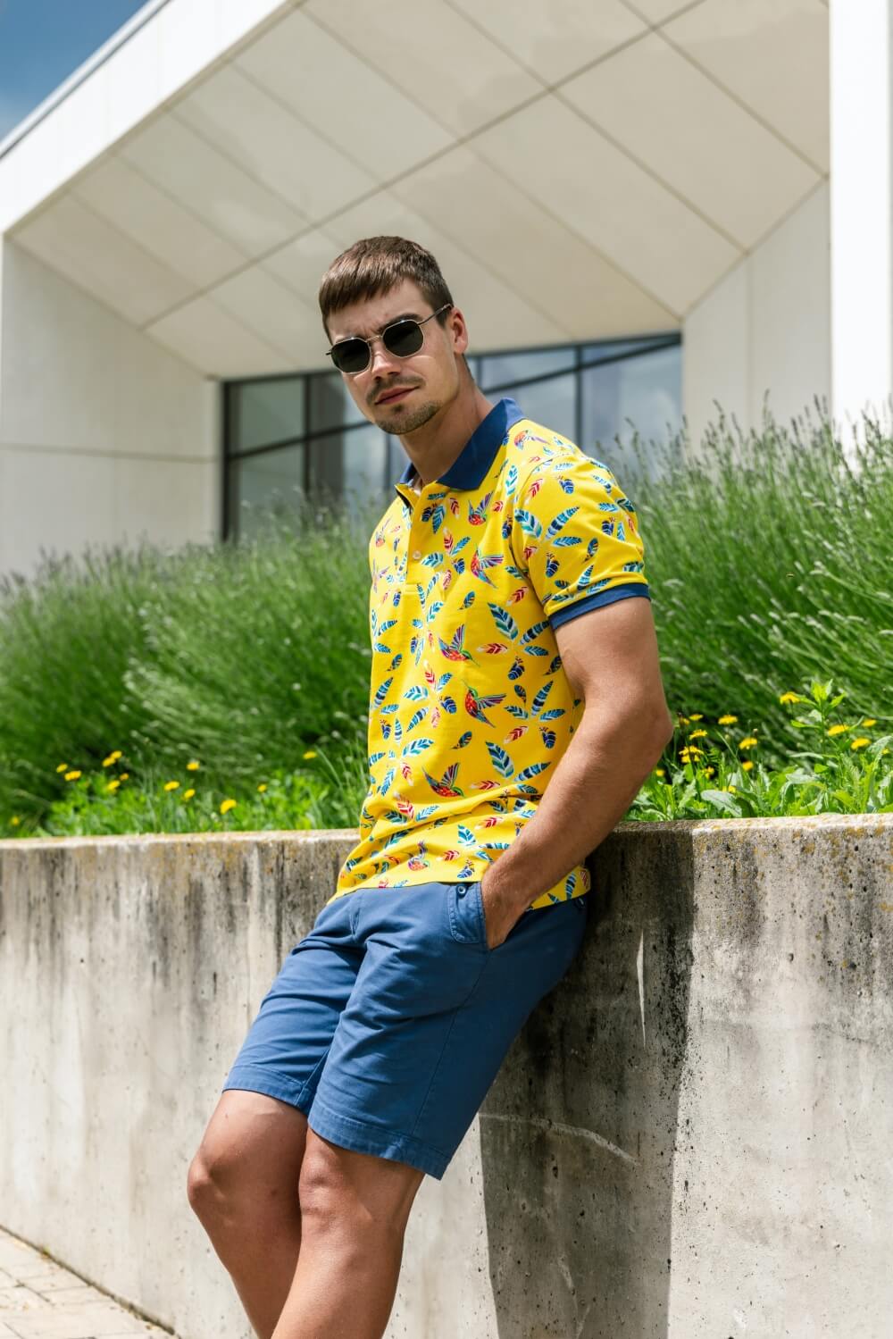Yellow polo shirt with a bold pattern