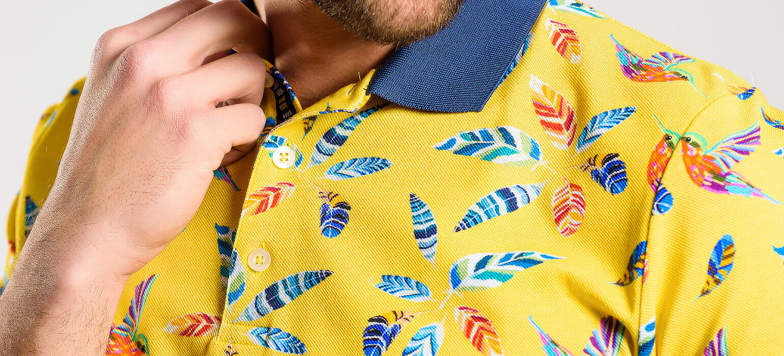 Yellow polo shirt with a bold pattern