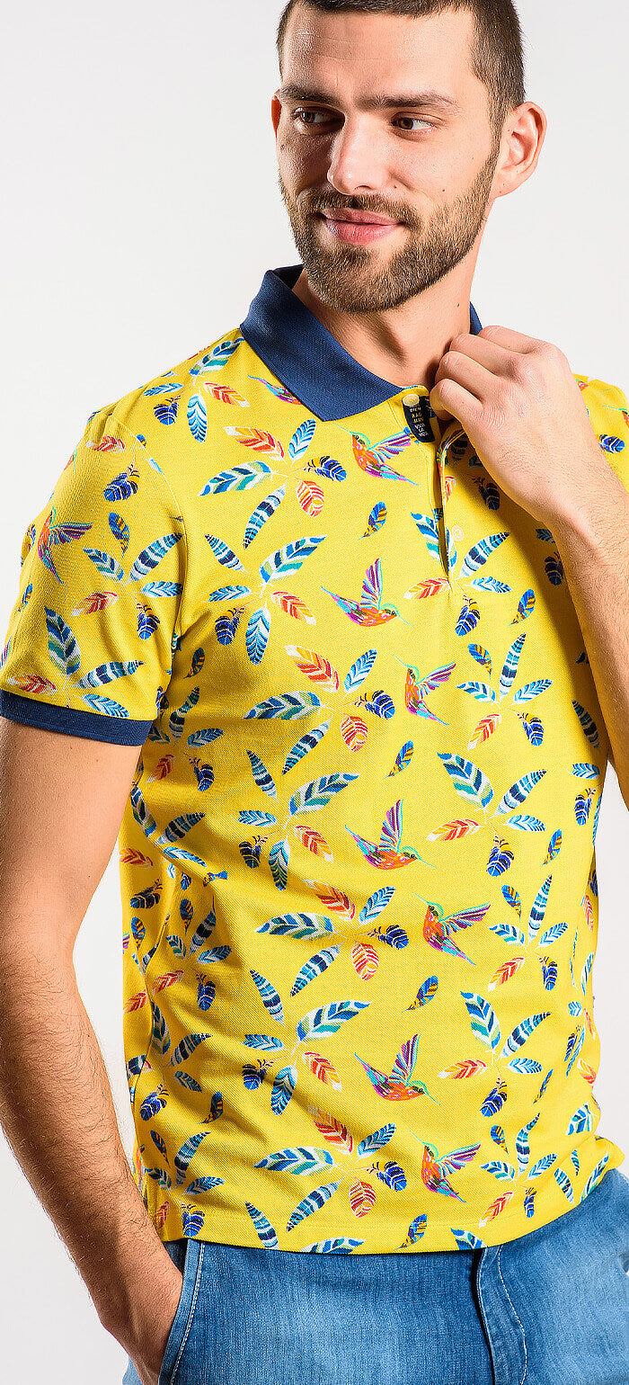 Yellow polo shirt with a bold pattern