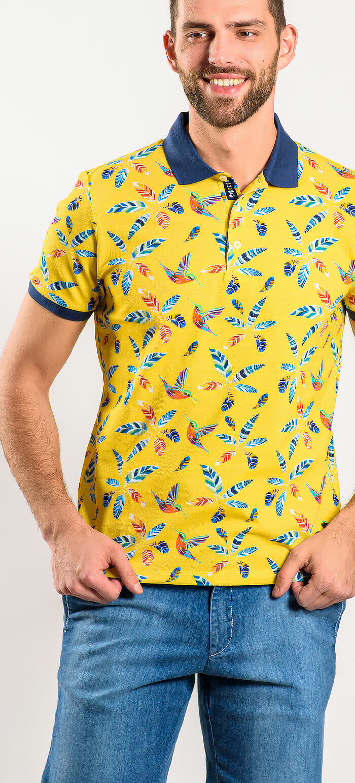 Yellow polo shirt with a bold pattern
