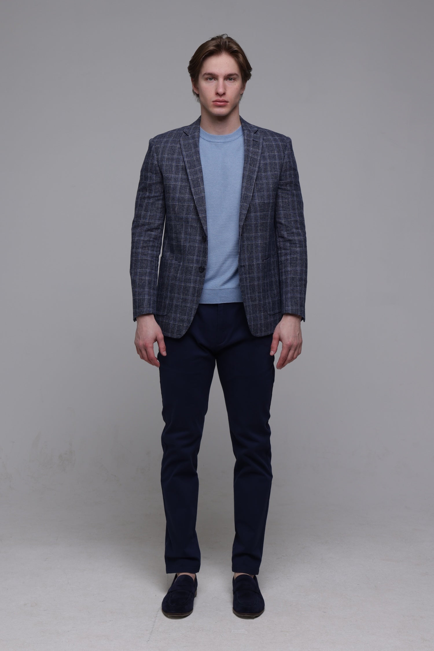 Modré ľanové sako s bielomodrým károm