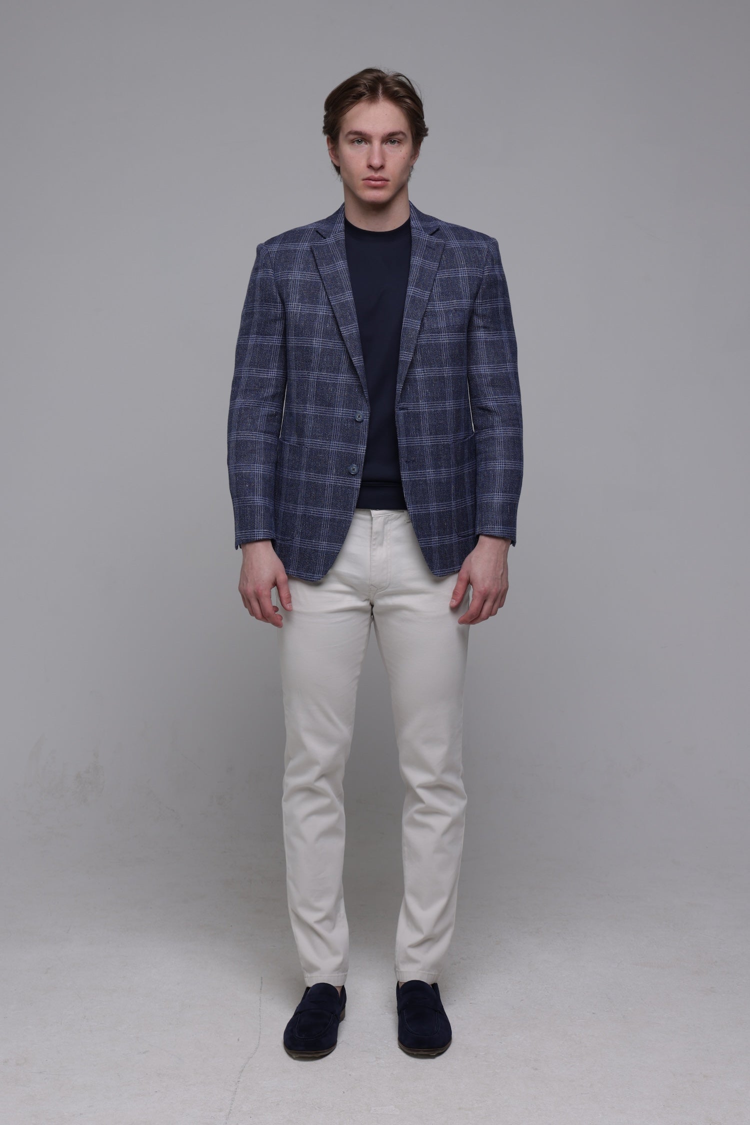 Modré sako z vlny a ľanu s bielym károm