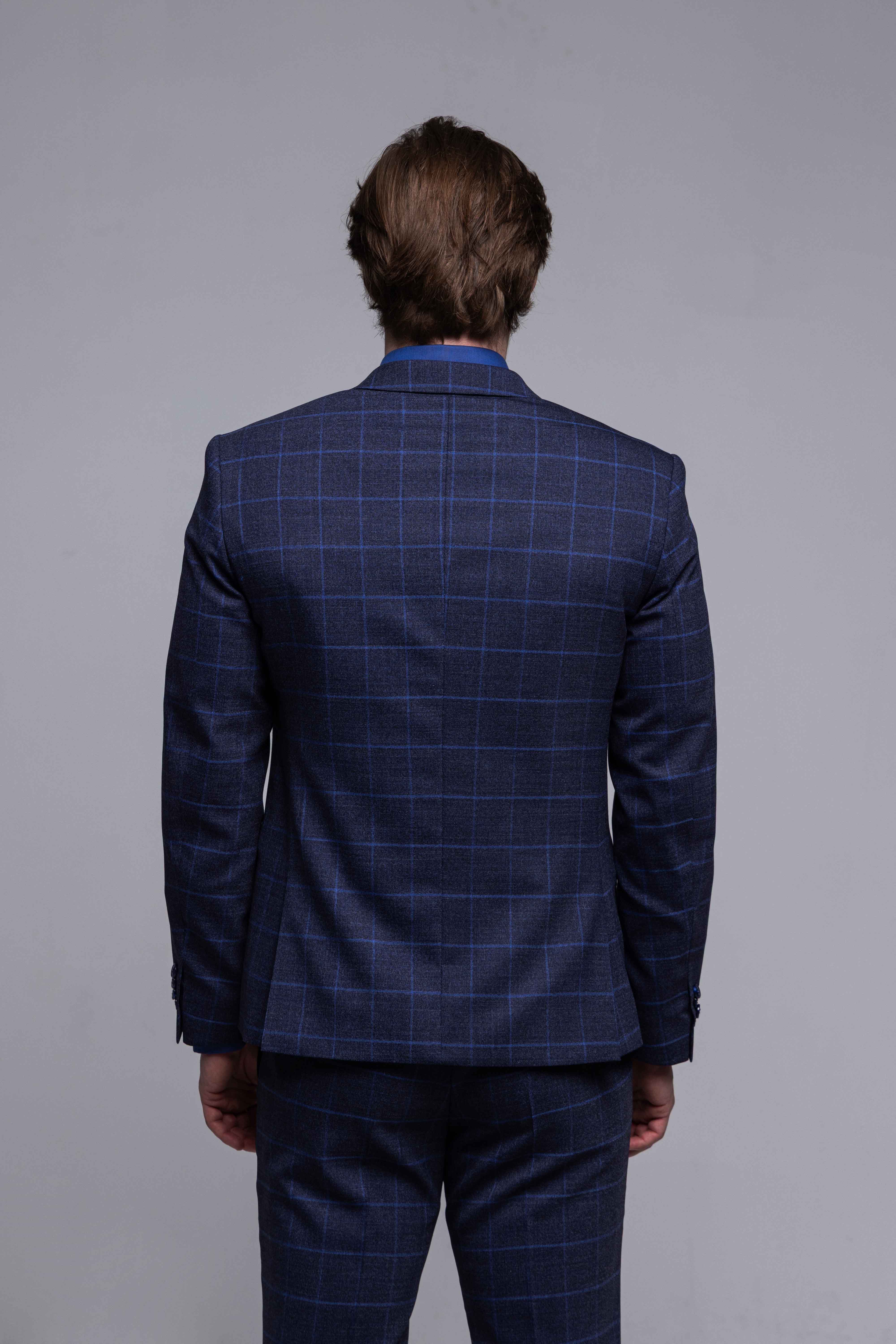 Modrý Slim Fit oblek s bledomodrým károm