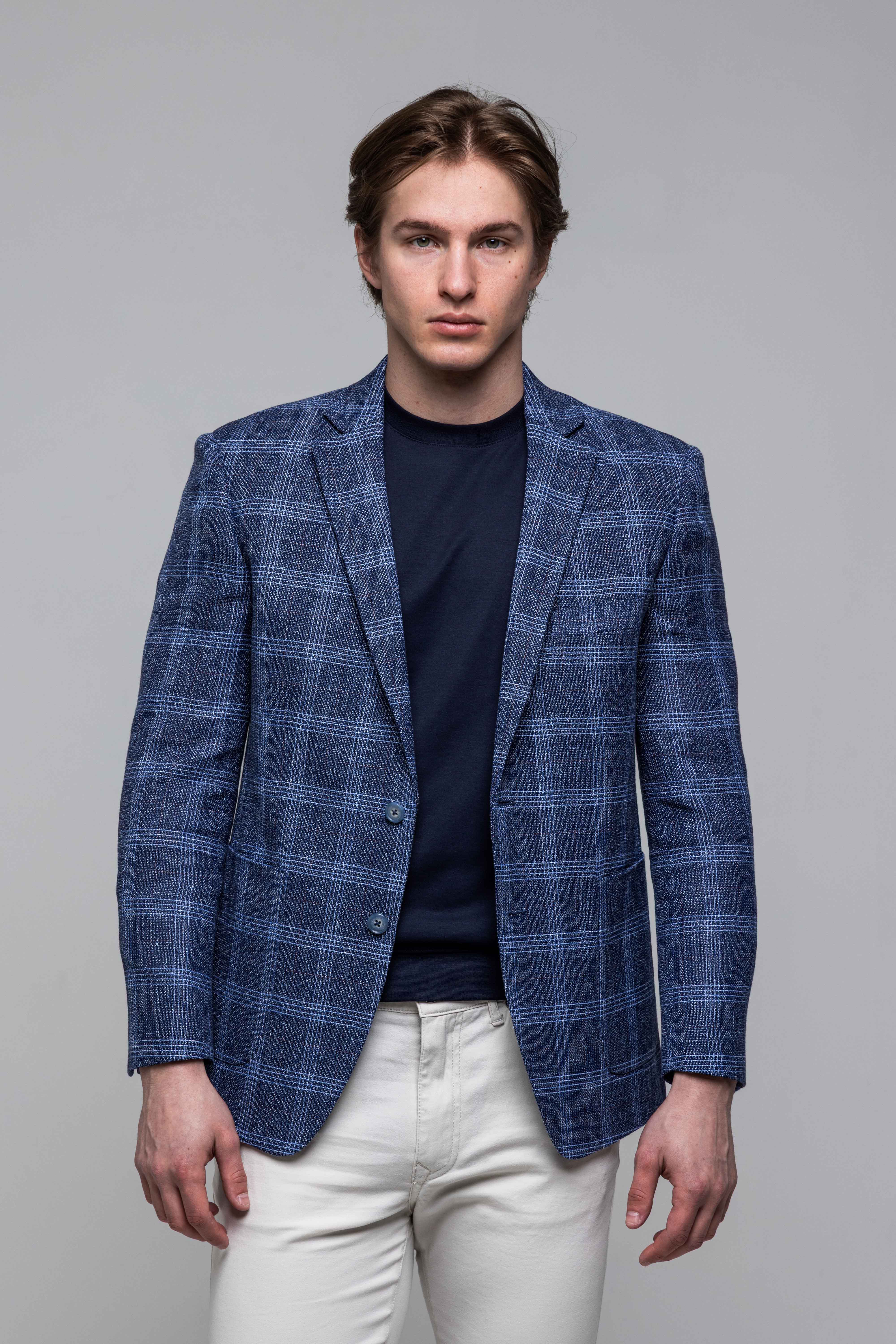 Modré sako z vlny a ľanu s bielym károm