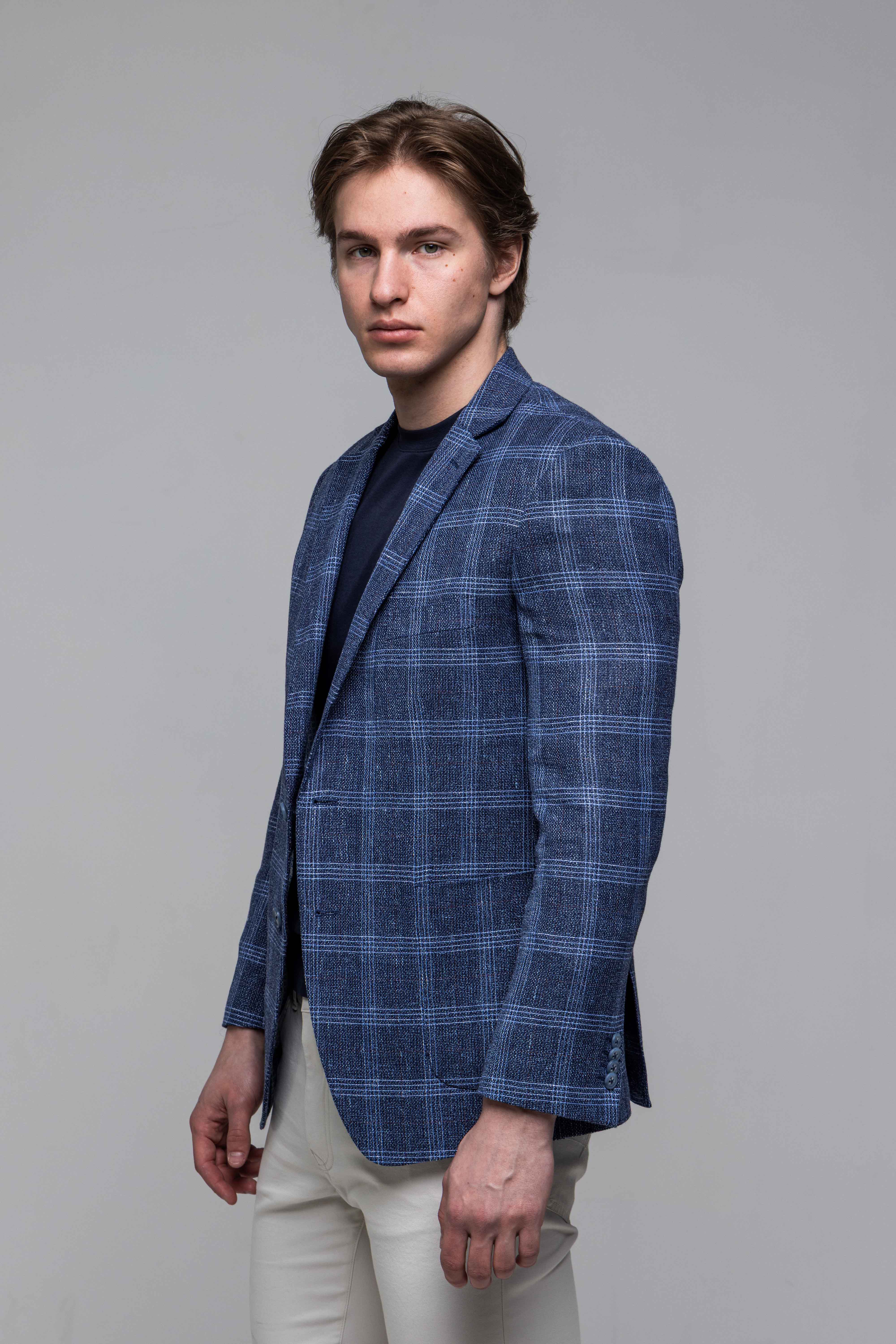 Modré sako z vlny a ľanu s bielym károm