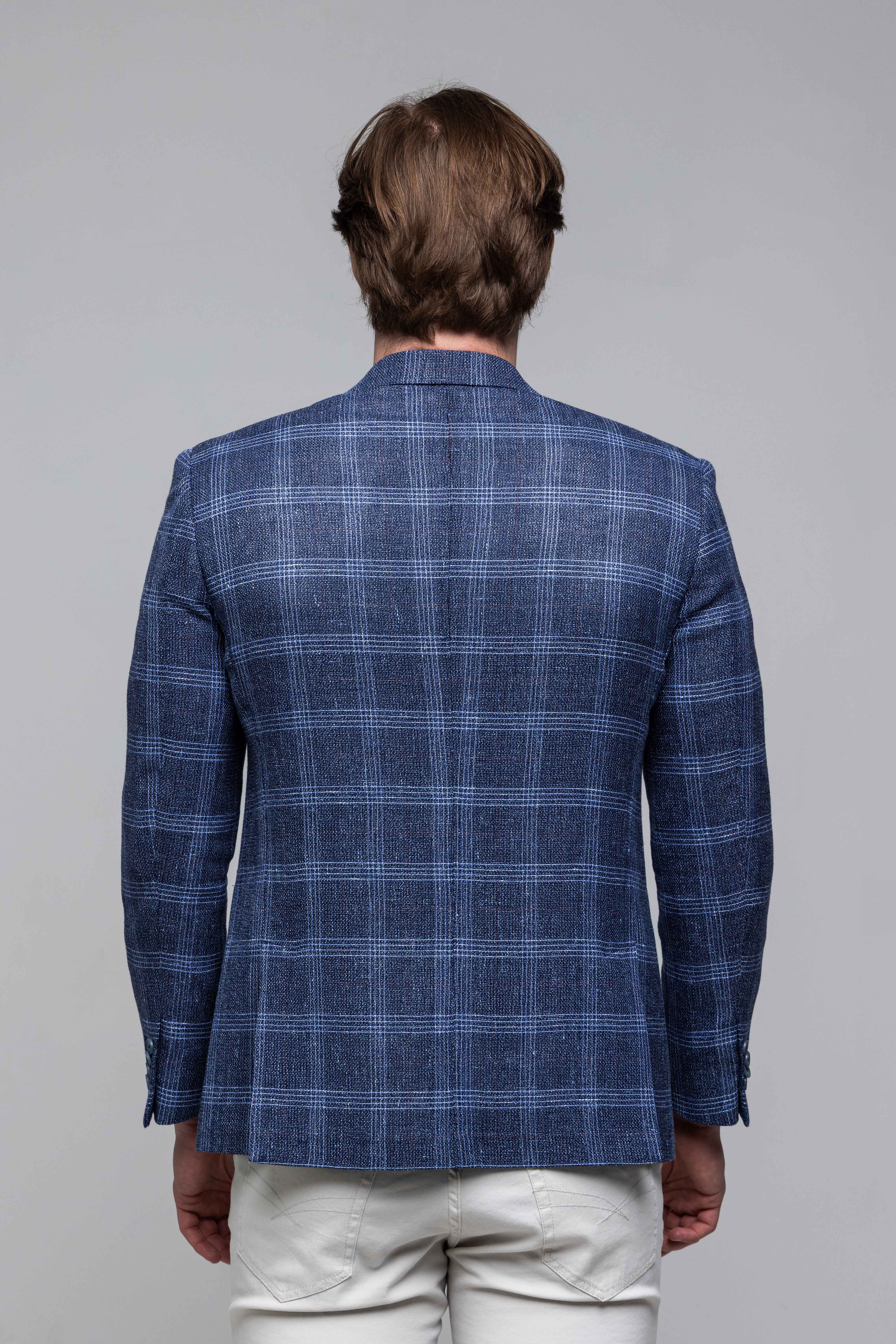 Modré sako z vlny a ľanu s bielym károm