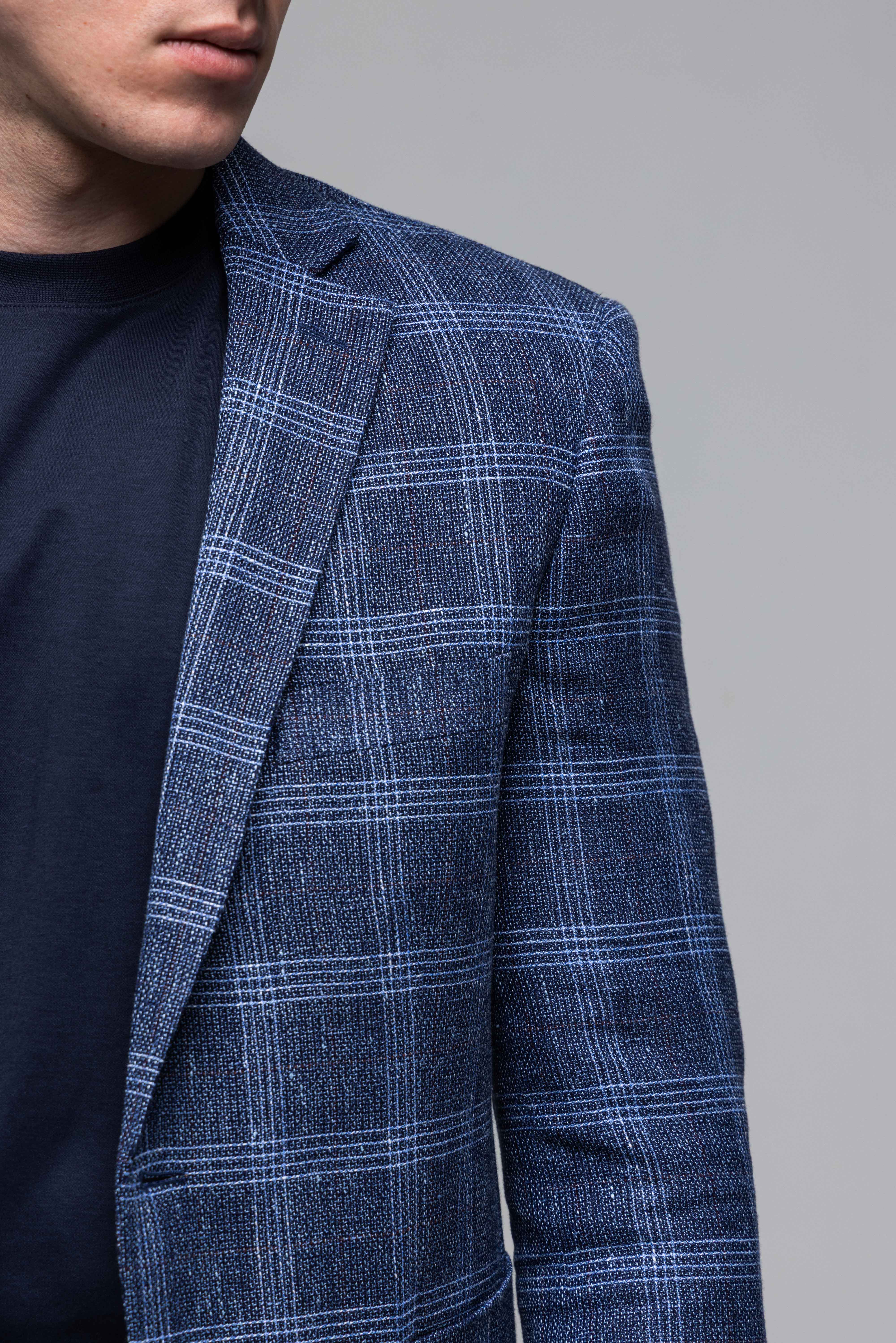 Modré sako z vlny a ľanu s bielym károm