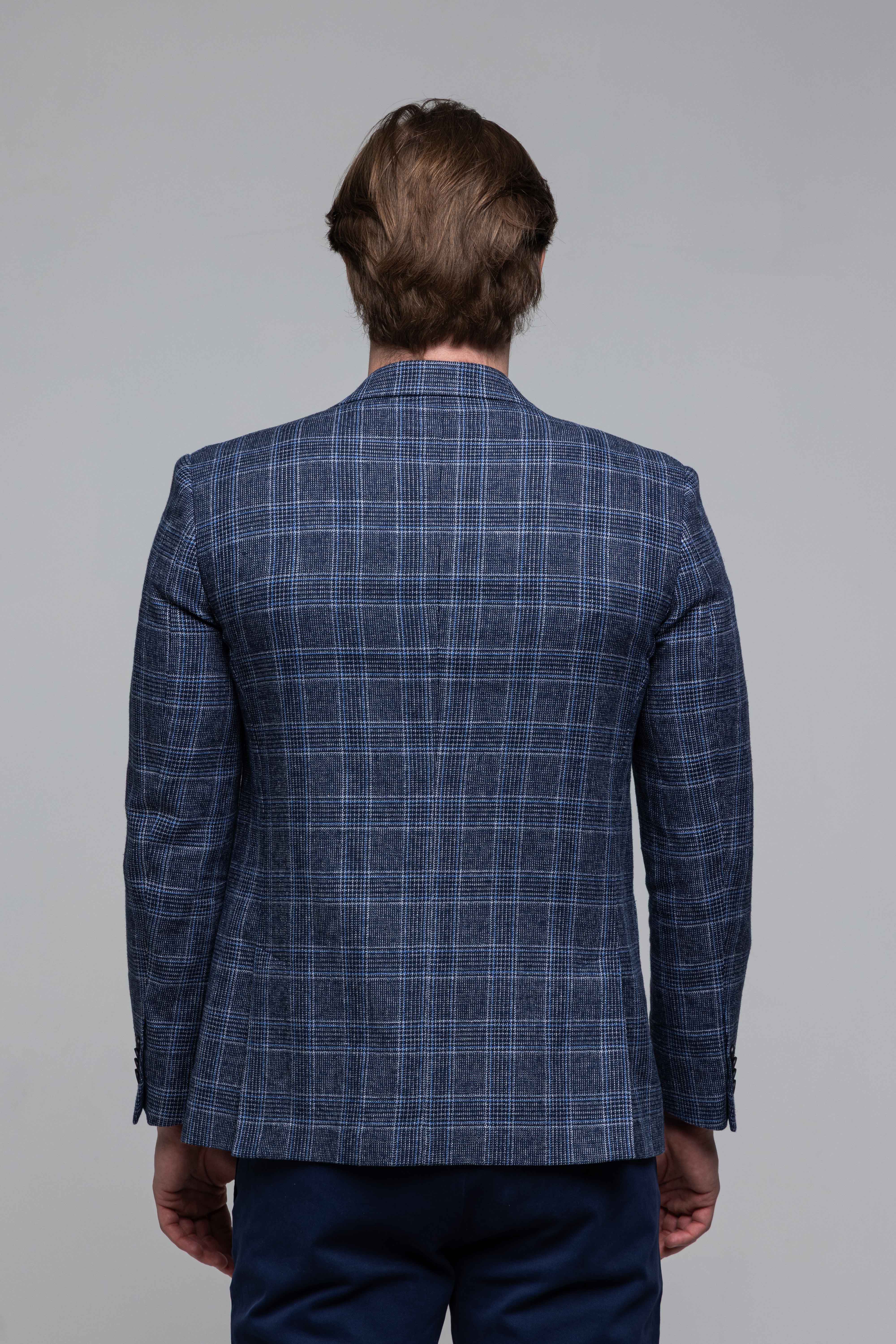 Modré ľanové sako s bielomodrým károm