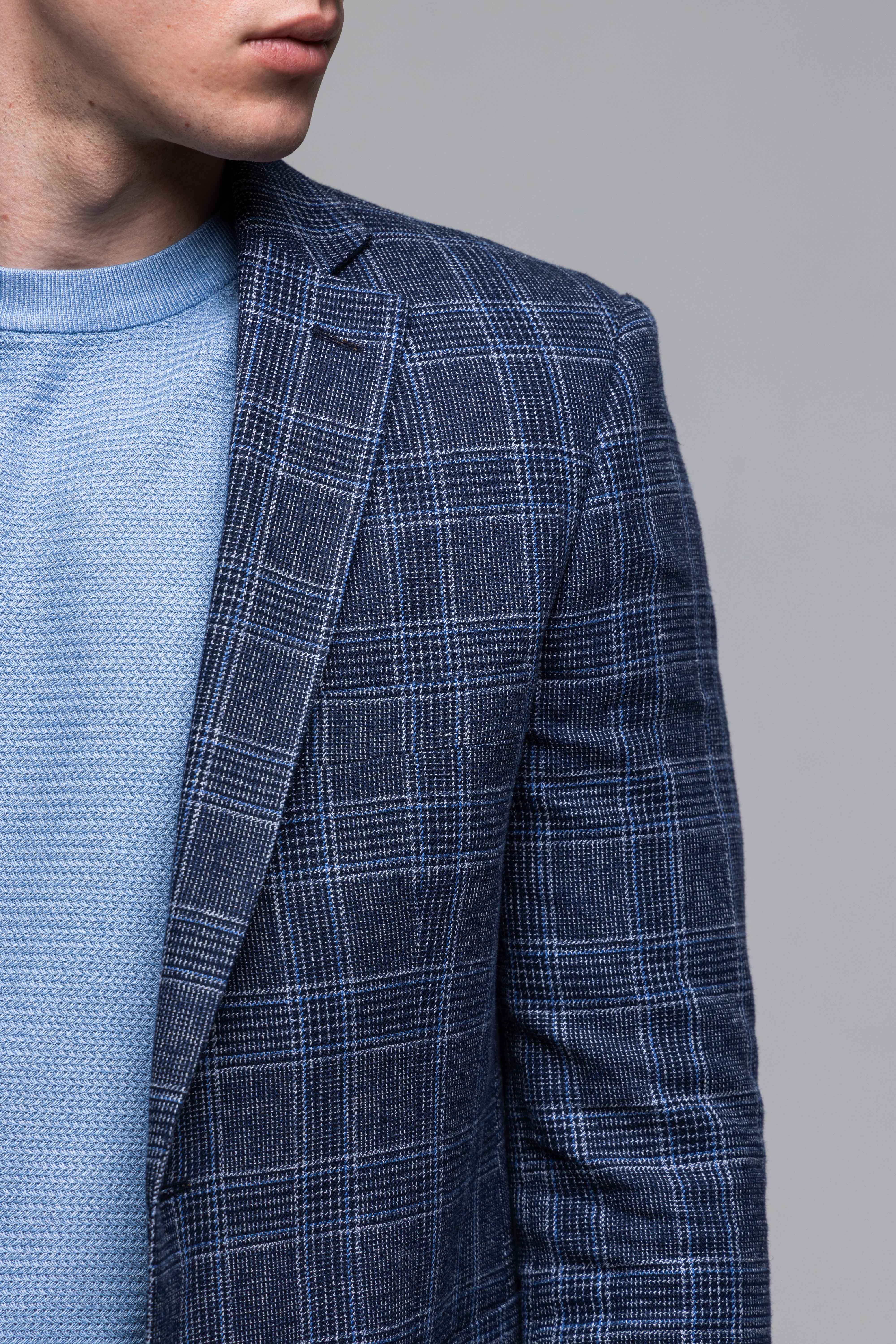 Modré ľanové sako s bielomodrým károm