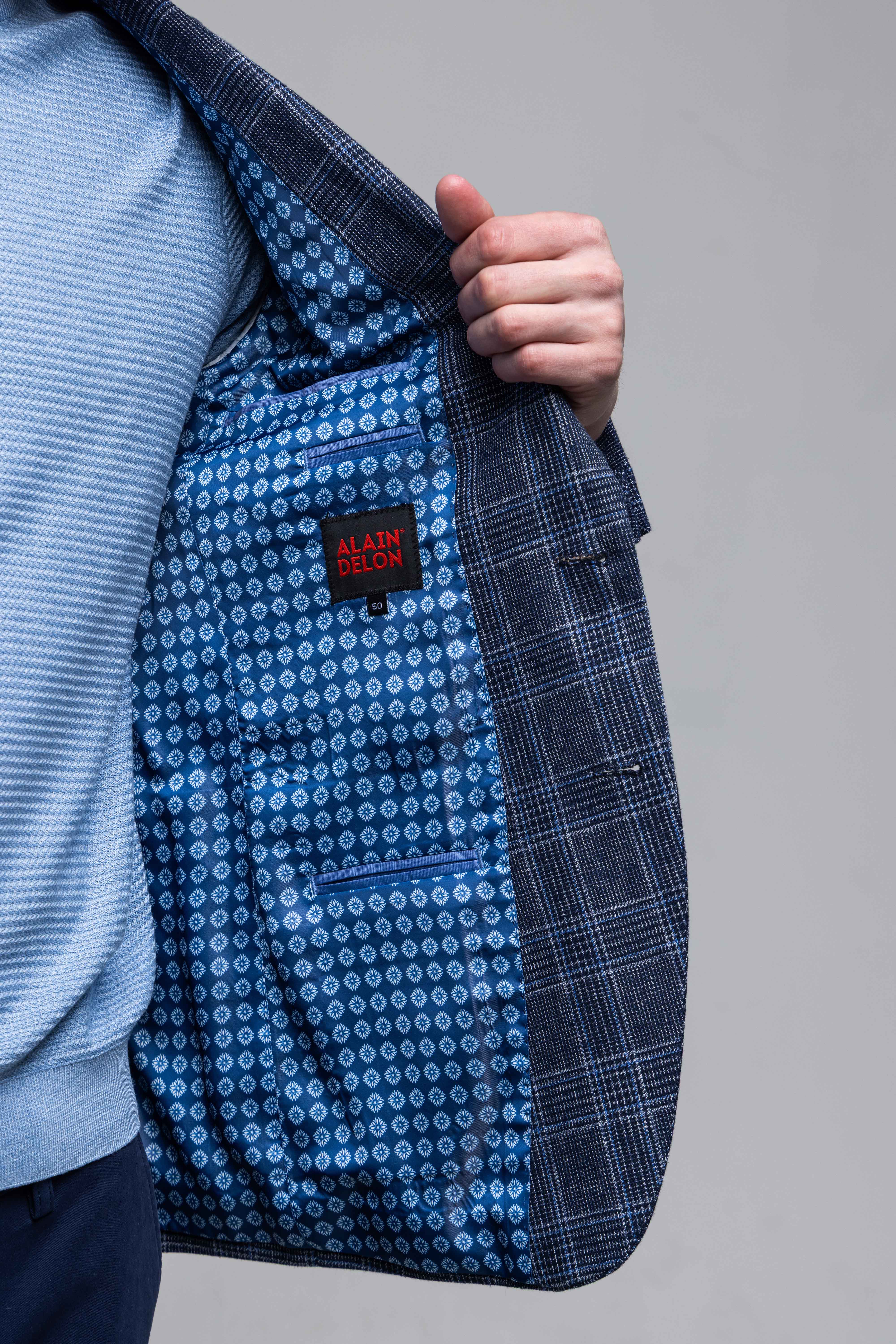 Modré ľanové sako s bielomodrým károm