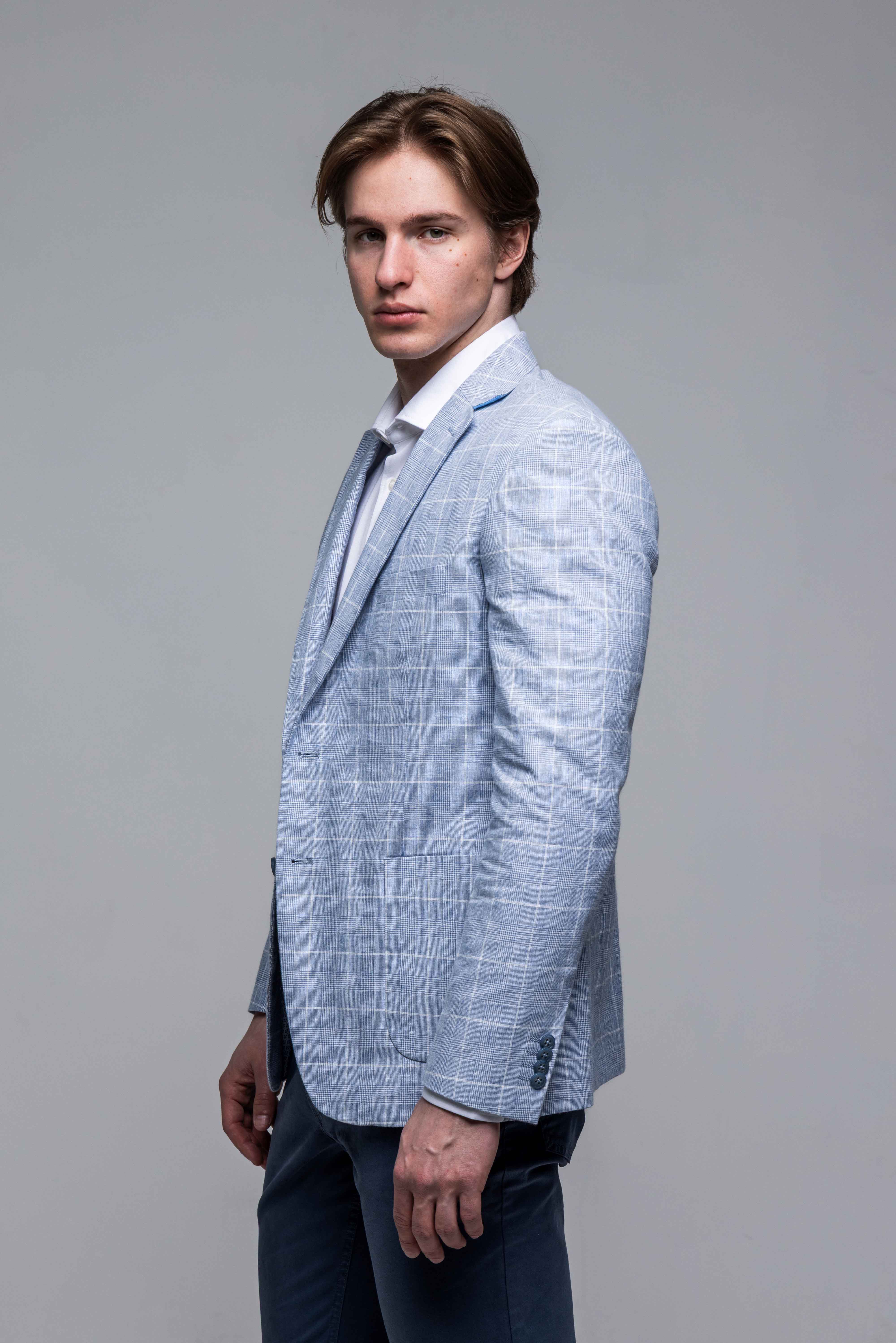 Bledomodré ľanové Slim Fit sako s bielym károm