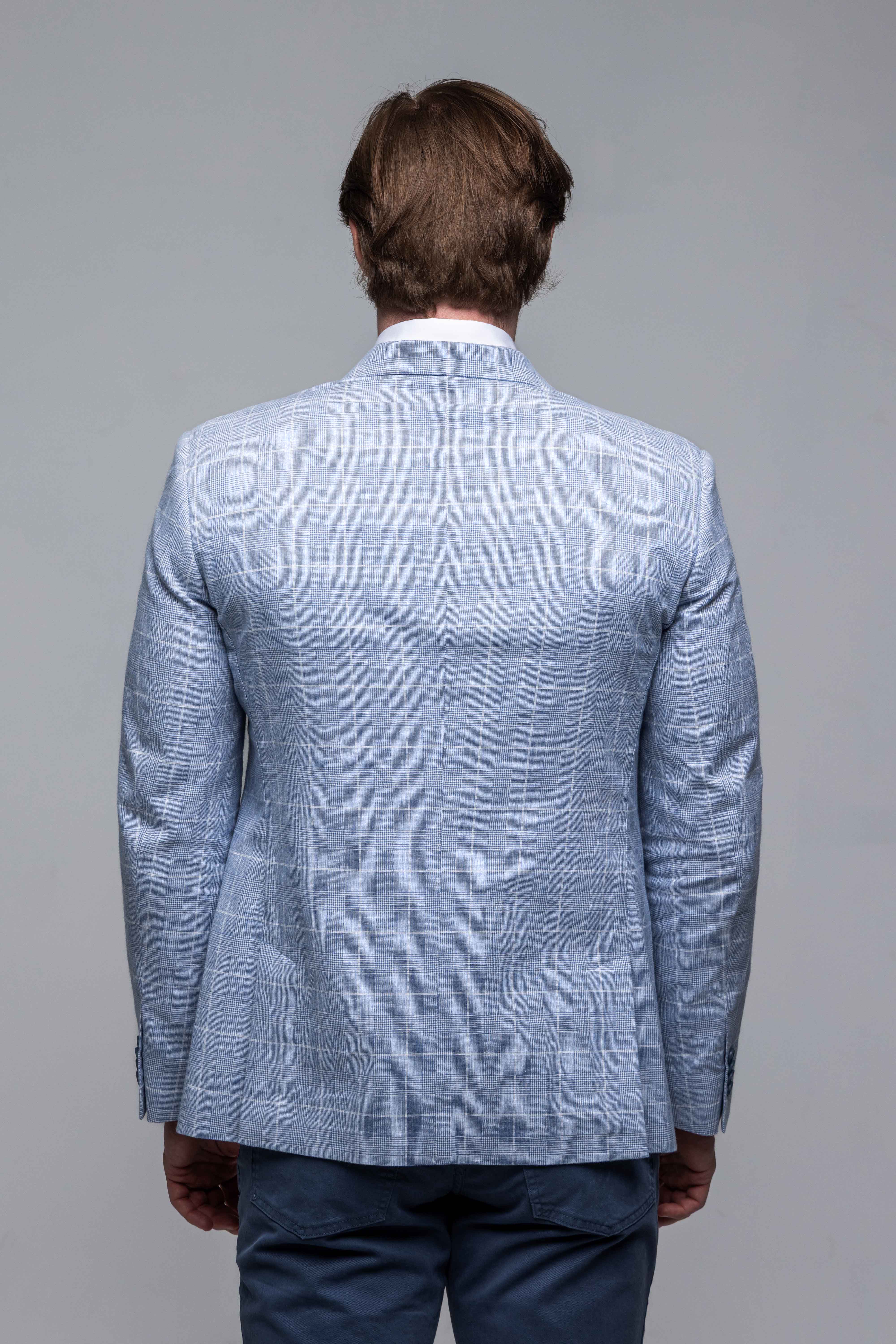 Bledomodré ľanové Slim Fit sako s bielym károm