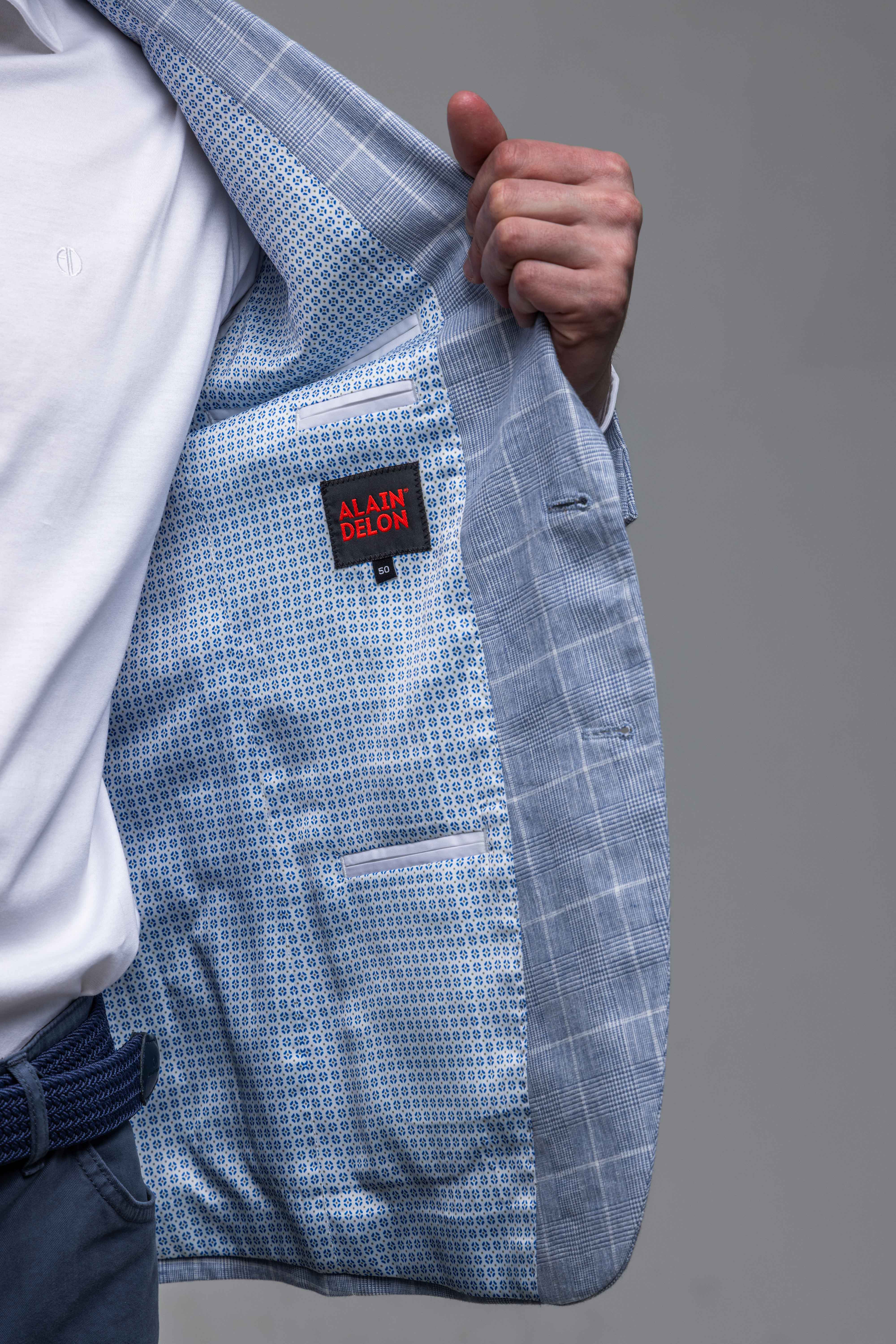 Bledomodré ľanové Slim Fit sako s bielym károm