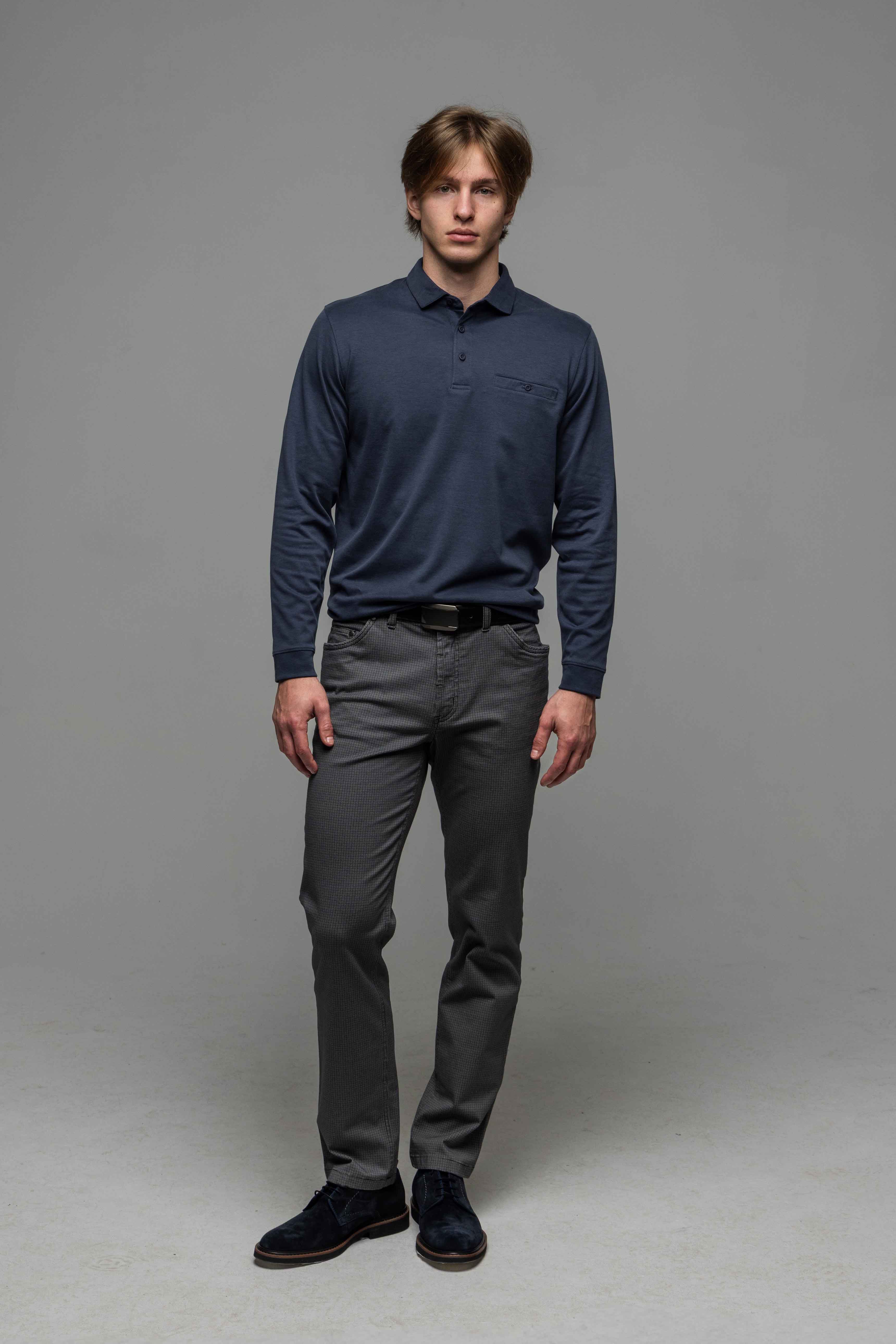 Blue long-sleeved polo shirt