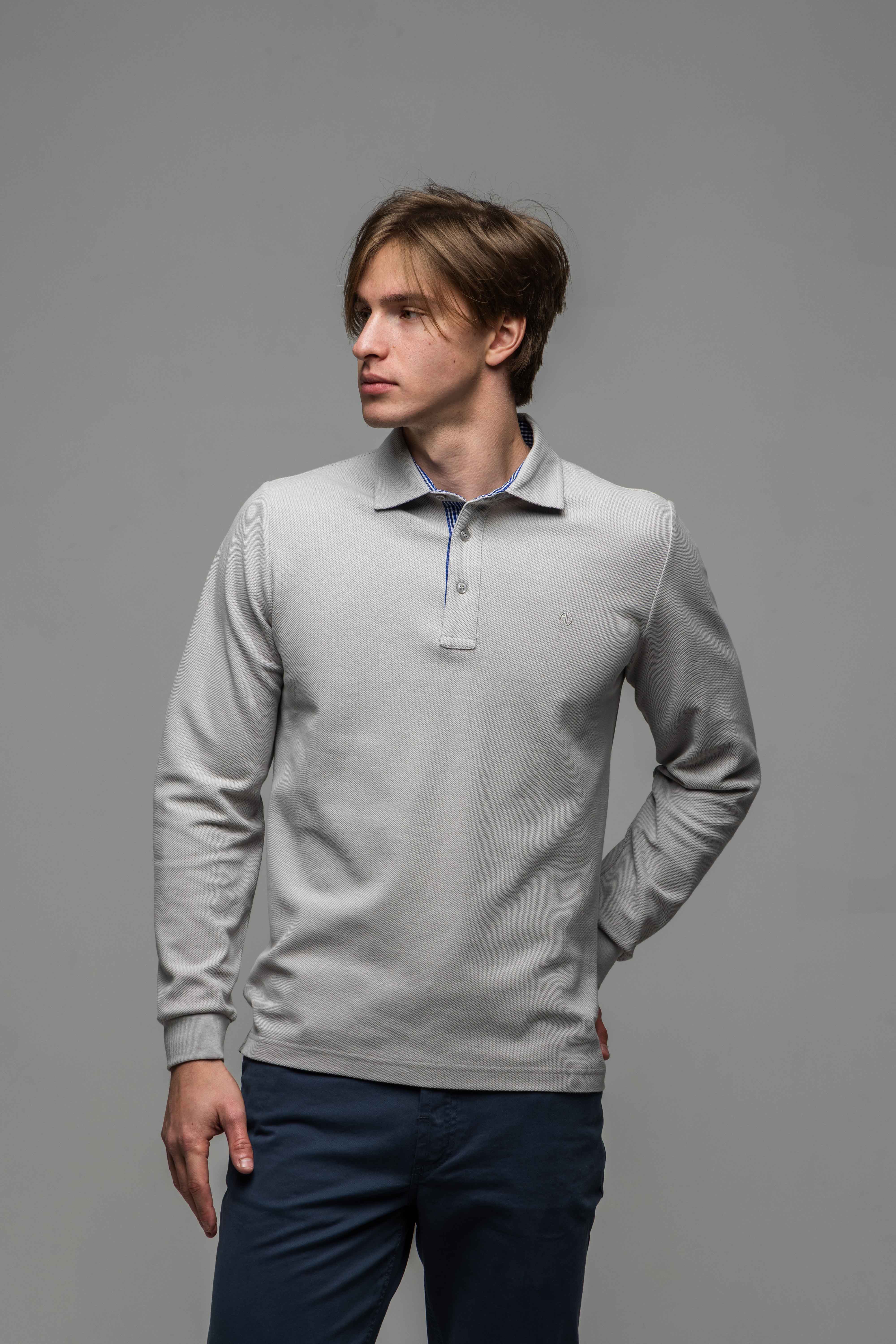 Grey long-sleeved polo shirt