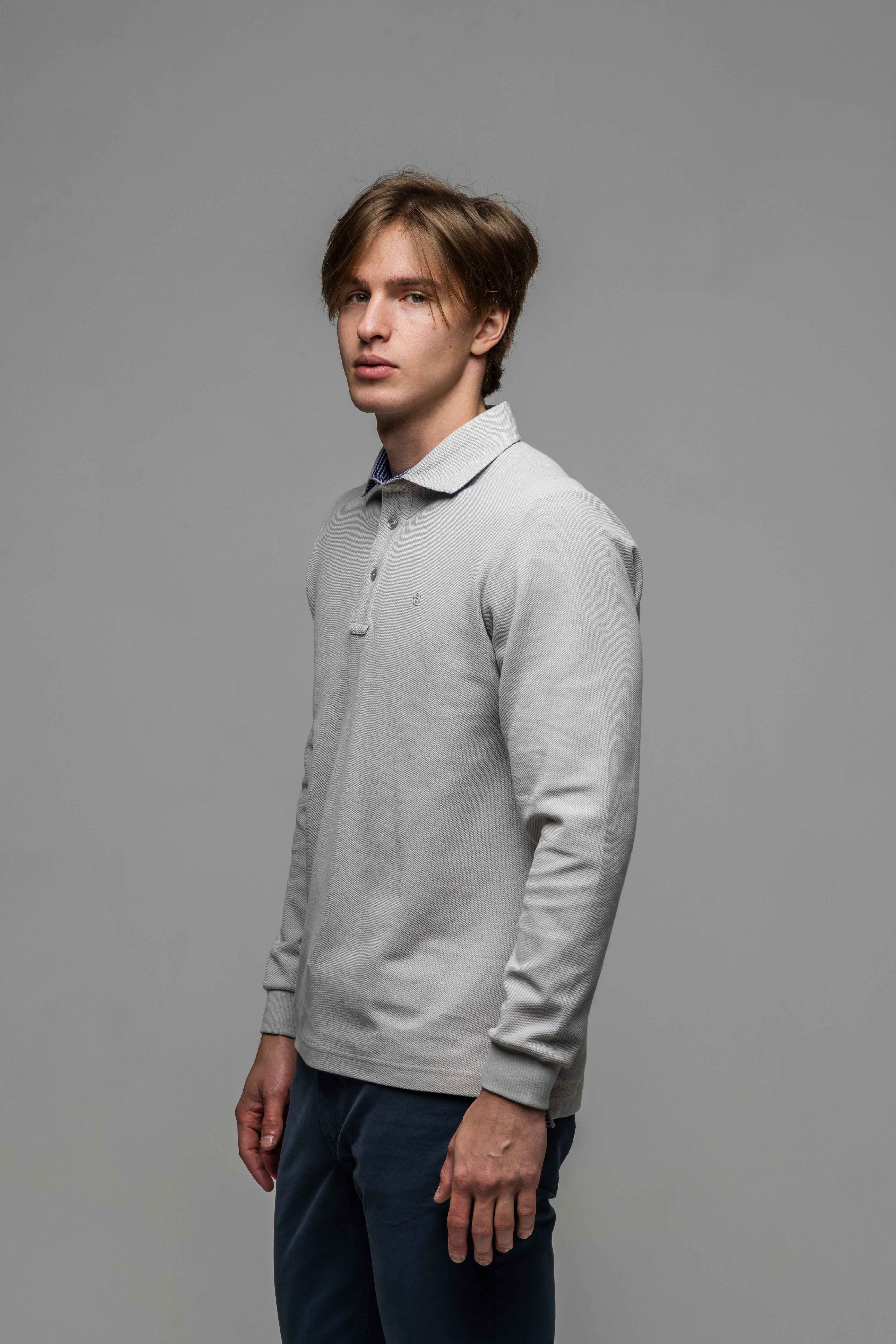 Grey long-sleeved polo shirt