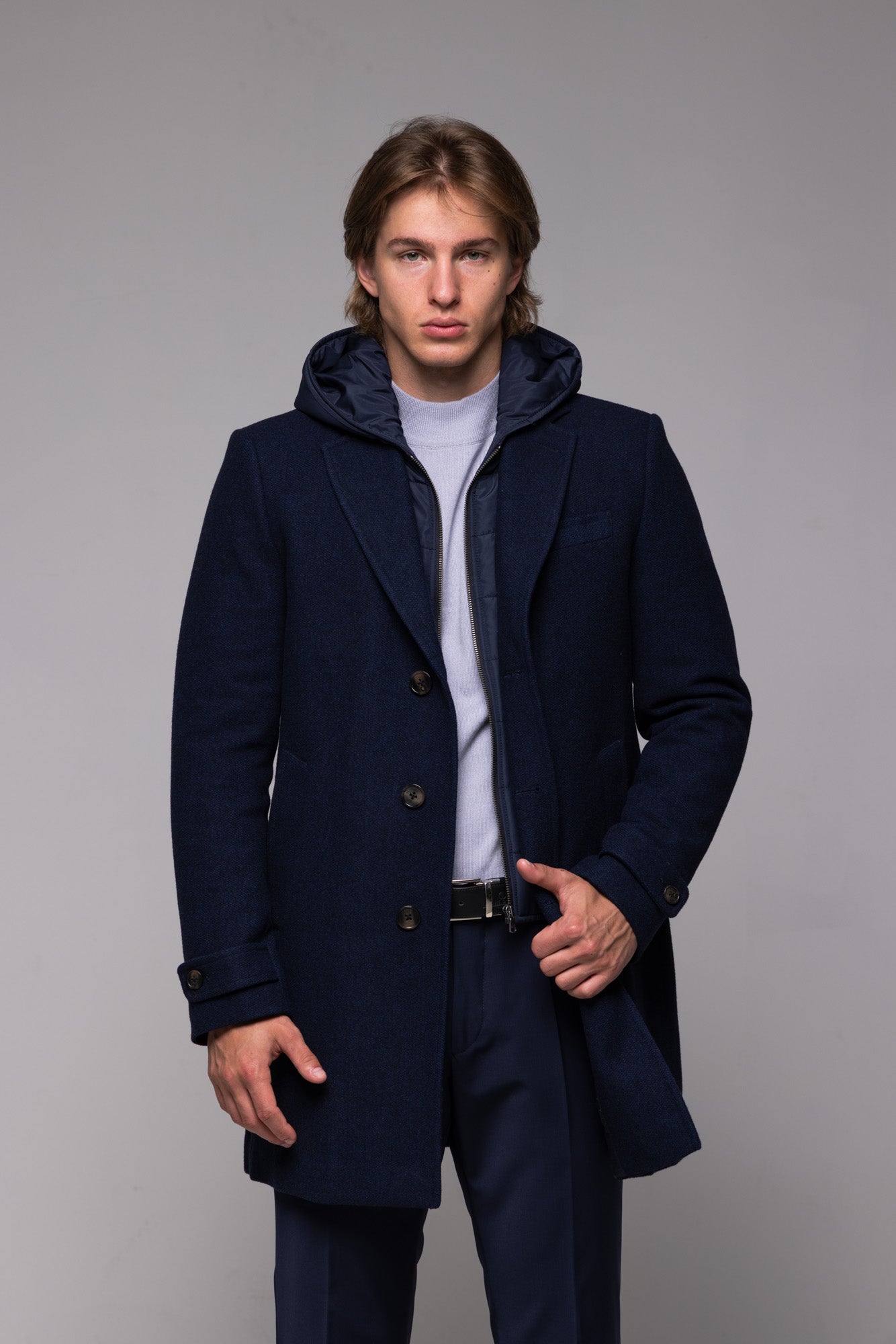 Dark blue wool coat with removable lining and hood