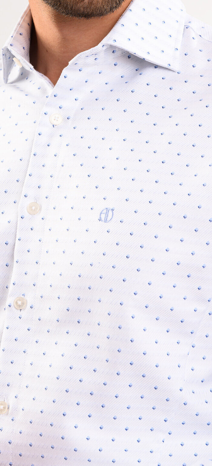 White Classic Fit Shirt with Blue Diamond Pattern