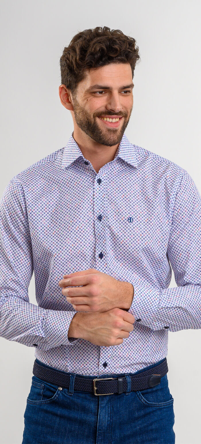 White Extra Slim Fit Shirt with Colorful Cross Pattern