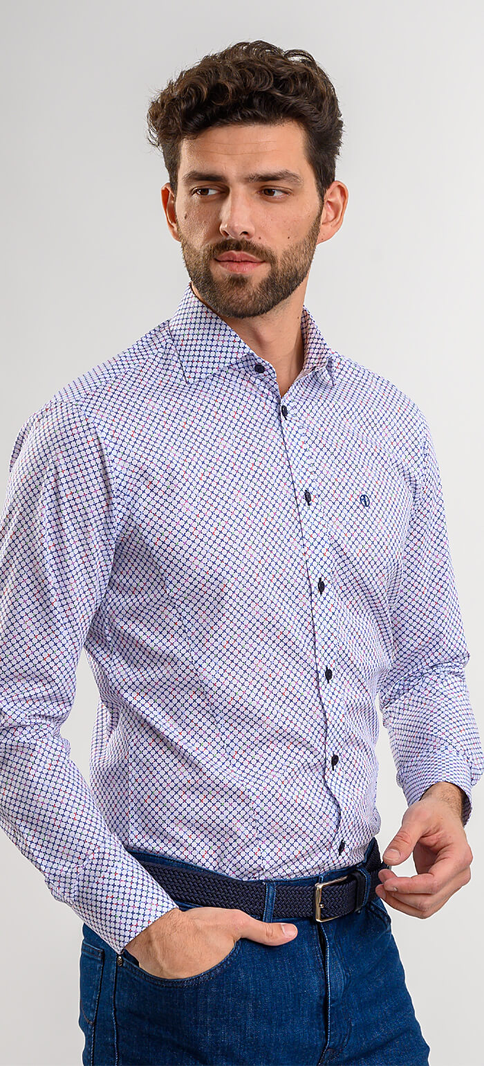 White Extra Slim Fit Shirt with Colorful Cross Pattern