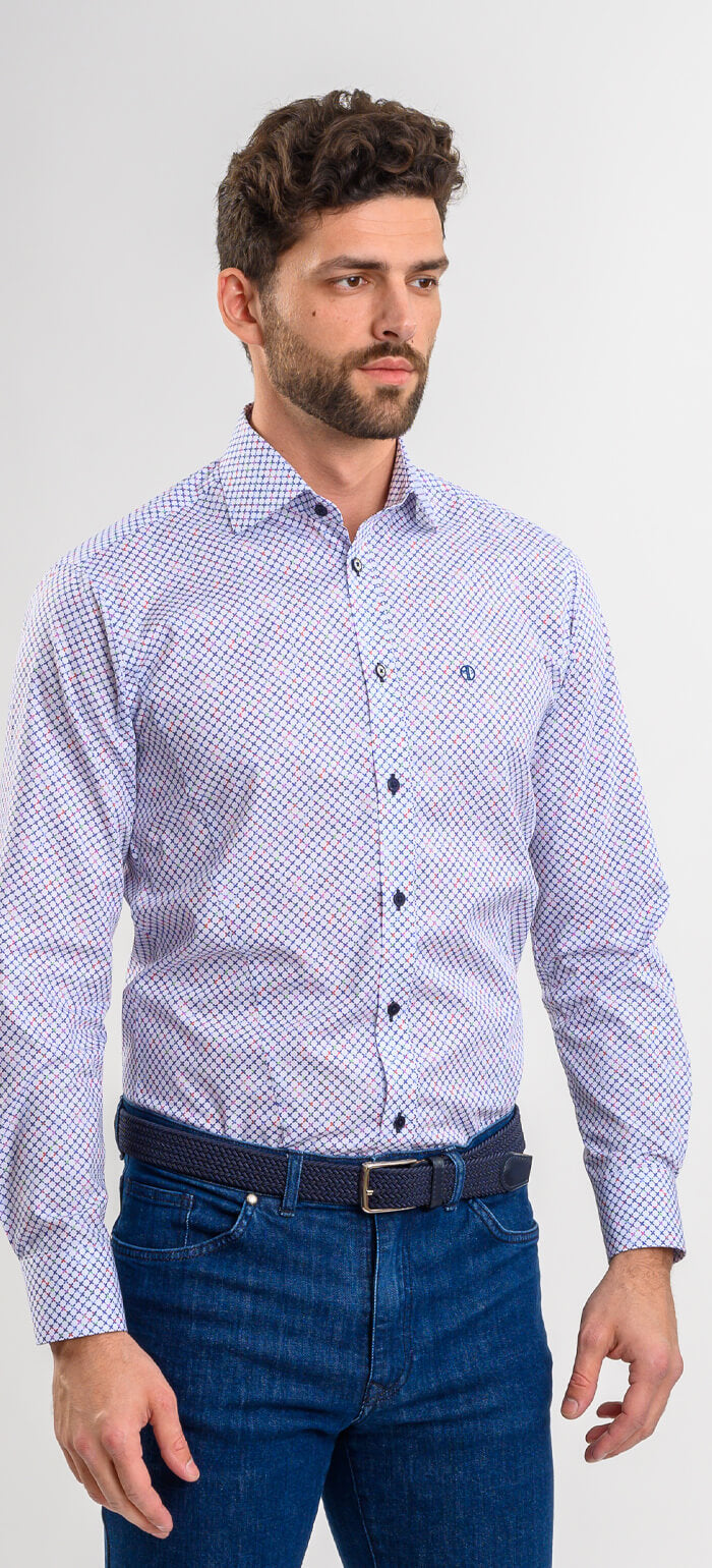 White Extra Slim Fit Shirt with Colorful Cross Pattern
