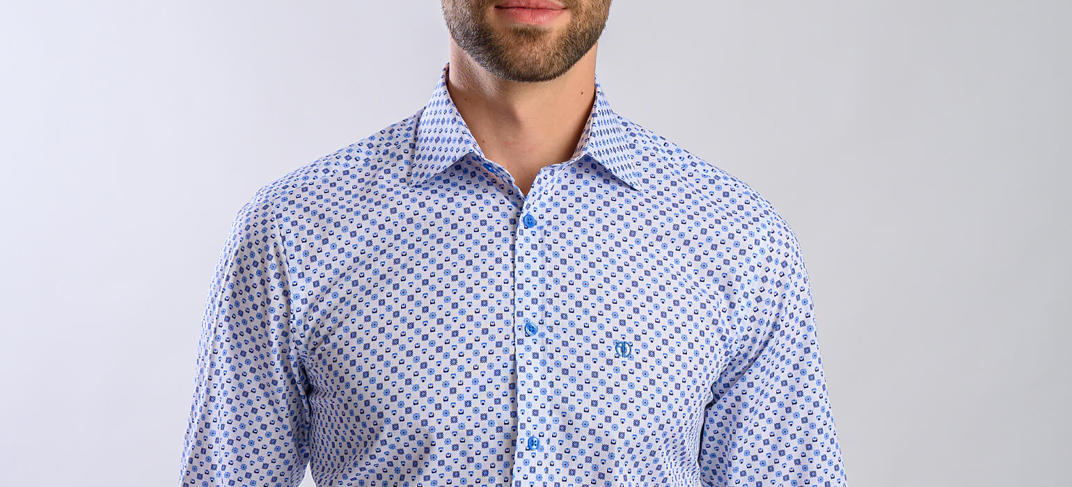 White Slim Fit Shirt with Blue Pattern