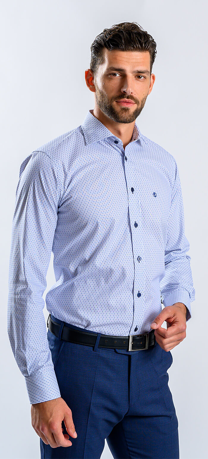 White Slim Fit Shirt with Blue Stripes