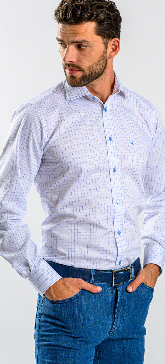 White Slim Fit Shirt with Blue Square Pattern